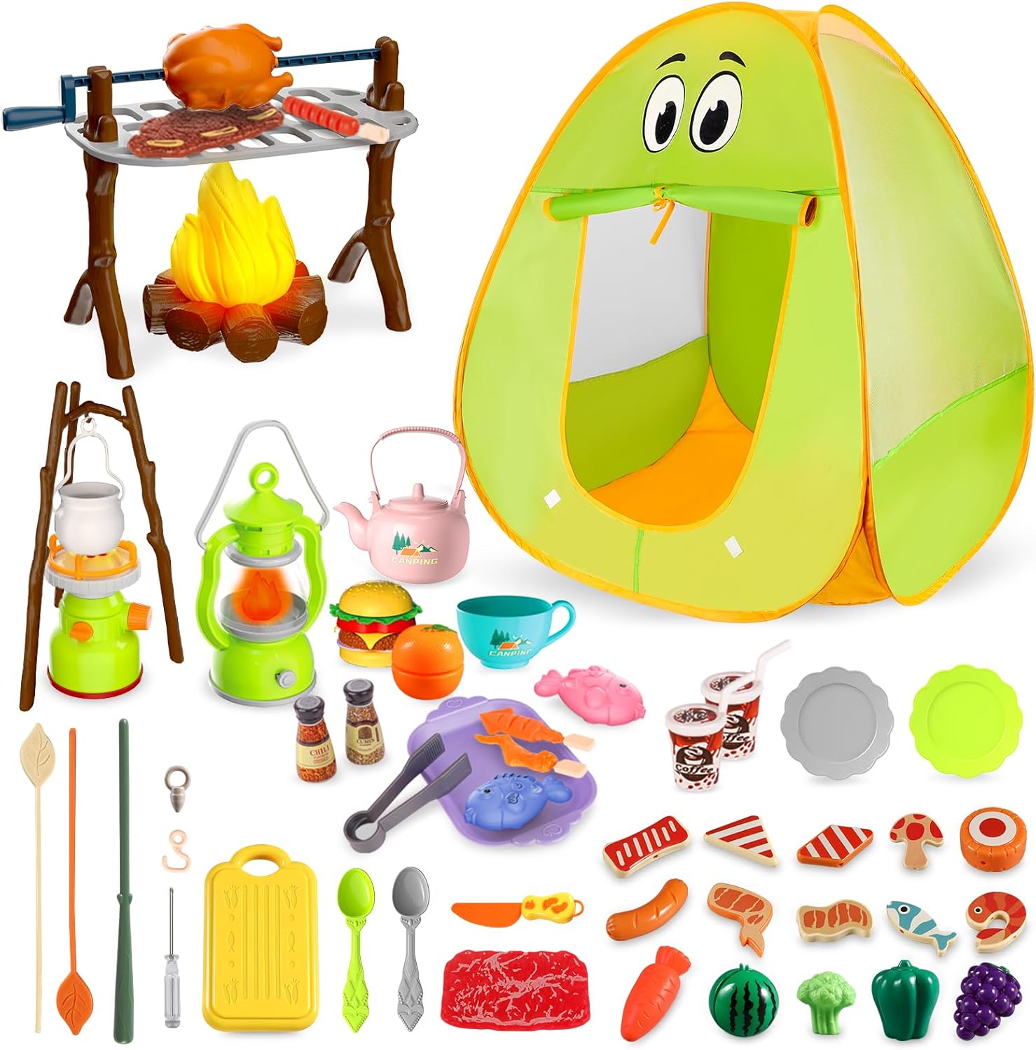 VGY Kids Camping Set With Pop -Up Tent For Toddlers, Indoor And Outdoor Camping Equipment, Pretend Toys, Fire Pit, Barbecue, Afternoon Tea, Pre