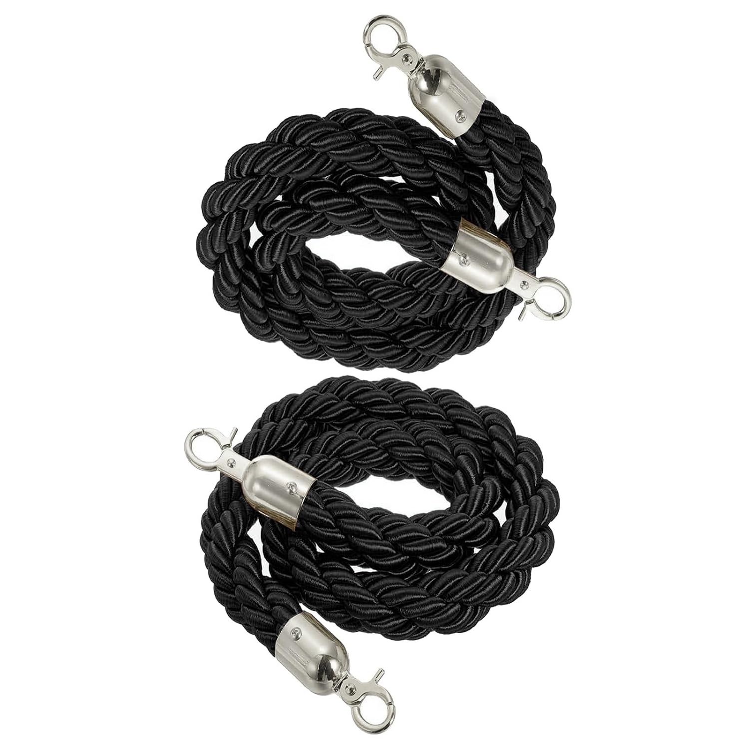 Queue Barrier Ropes with Gold/Silver Hook 2 Pcs, Crowd Control Stanchion Rope 2-13Ft, Braided/Twisted Hemp Rope Barrier for Queue Divider, Queue Line Barrier, Dia 1.3"(Black-SilverHooks,8ft/245cm)