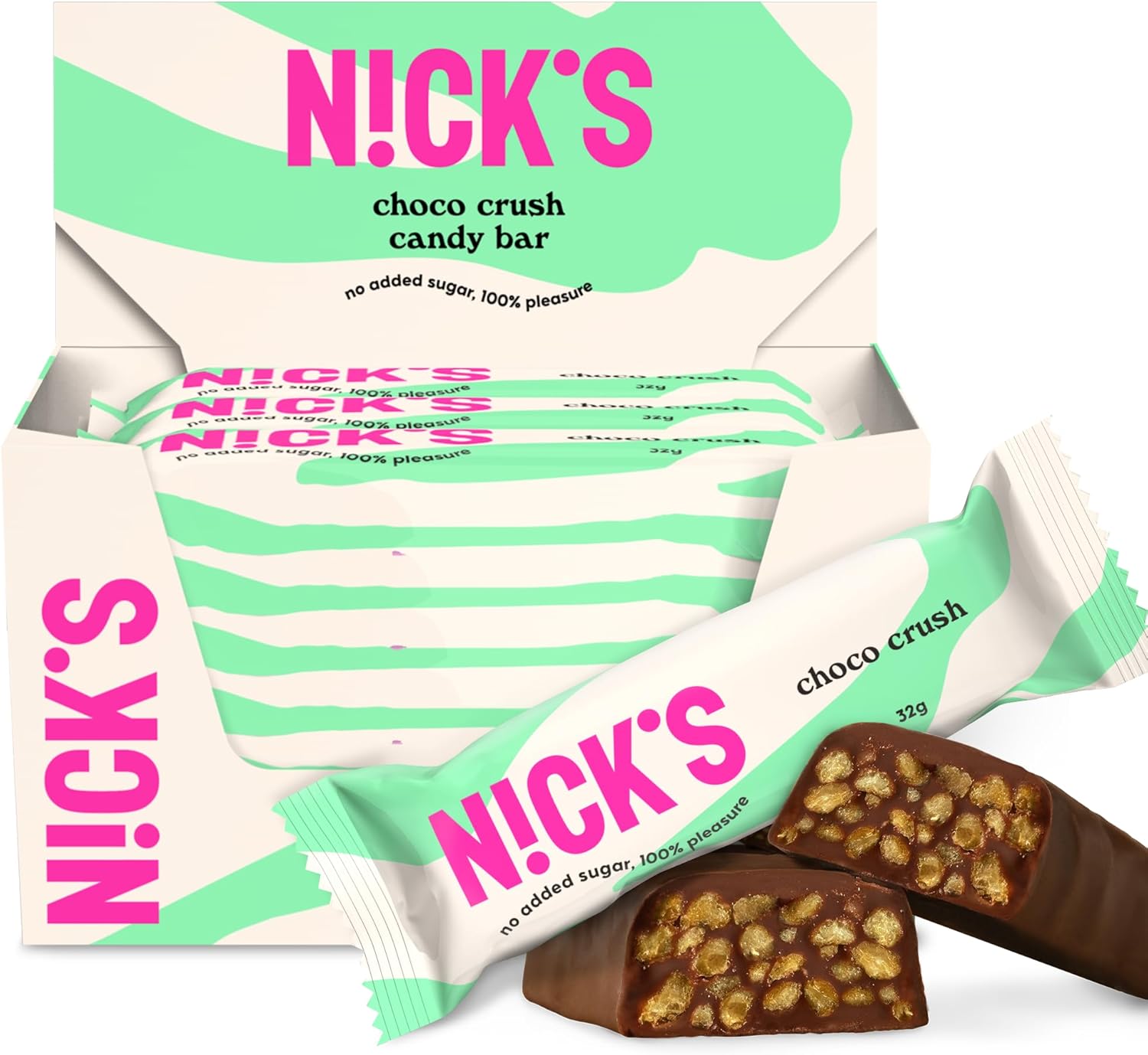 NICKS Choco Crush Candy Snack Bar With Salted Corn Puffs, No Added Sugar, 158 Calories, Gluten Free Chocolate Flavored Sweets Low Carb (Multipack 15x32g)