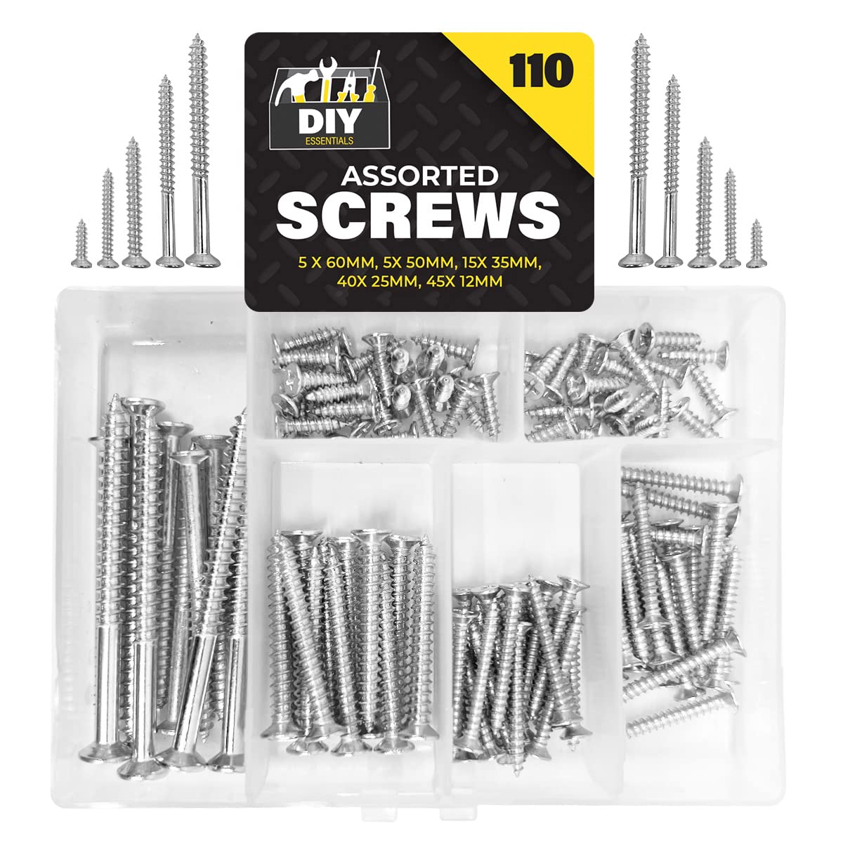 SOL 110pk Assorted Screws - 1.2cm to 6cm Length Countersunk Screw Set for DIY & Repairs - Mixed Steel Self-Tapping Flat Head Screws with Storage Box