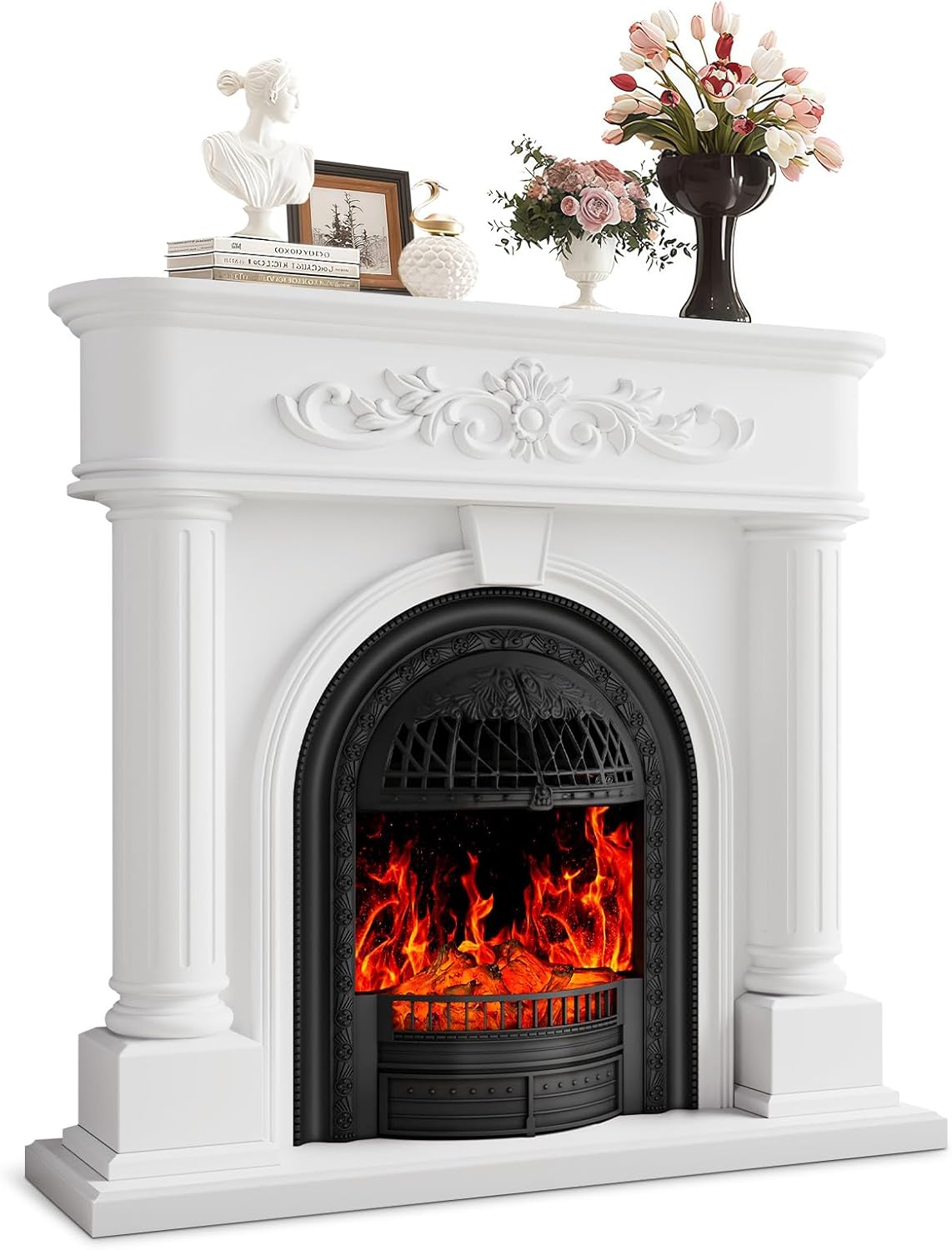 50” Solid Wood Electric Fireplace with Mantel, White Roman Column TV Stand with Black Arched Birdcage Heater Insert, Elegant Fireplace for Living Room, Bedroom & Entryway