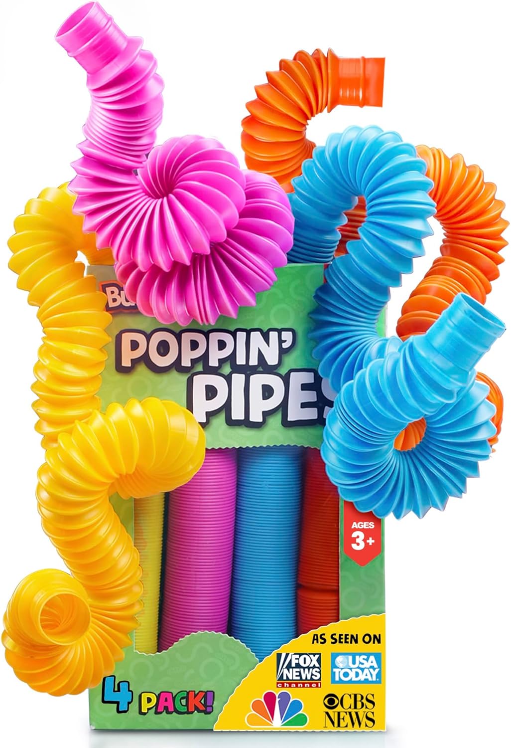 BUNMO Pop Tubes - Sensory Toys - Toddler Toys - Imaginative Play & Stimulating Creative Learning - Hours of Fun for Kids - Tons of Ways to Play - Non-Mouthable Toy 3+ - 4 Pack Large