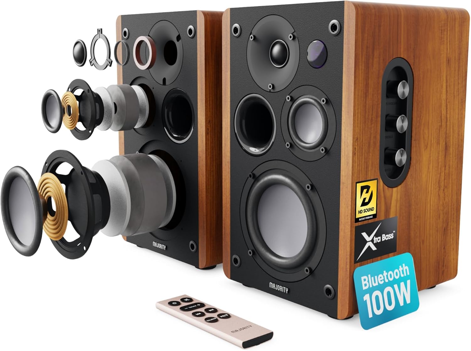 5.3 Bluetooth Bookshelf Speakers | Hifi Bluetooth Stereo | 100W Studio Monitors | Xtra Bass & 3 Drivers Hifi Speakers | Multi-Connection Options, Remote Control, USB Playback | Majority D100