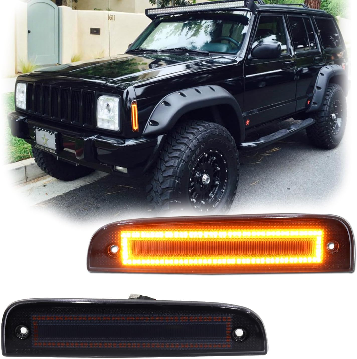 𝗨𝗽𝗴𝗿𝗮𝗱𝗲 2Pcs LED Front Side Marker Lights for J-e-e-p Cherokee XJ 1997-2001, Bumper Corner Parking Signal Lamps Smoked Lens, Je-ep Cherokee Accessories - Amber Lens