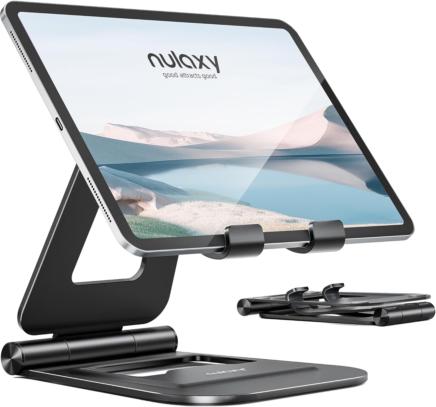 Nulaxy Tablet Stand, Foldable Adjustable Tablet Holder Compatible with New iPad 2020 Pro 12.9, 10.5, 9.7, Air mini 2 3 4, Nintendo Switch, Samsung Tab, other Tablets (4.7-13") - Black