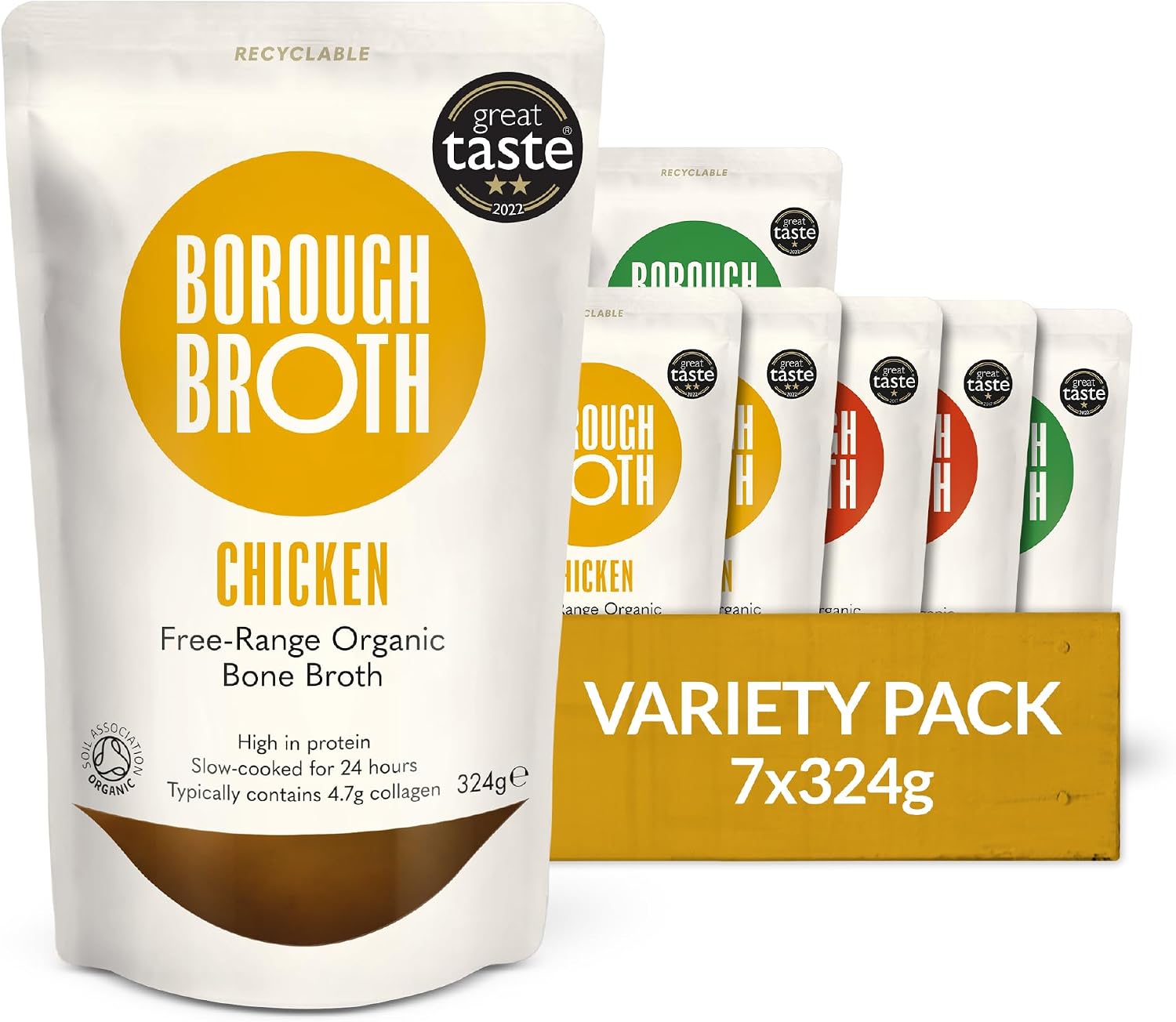 Classic Organic Bone Broth Bundle by Borough Broth - Chicken, Beef & Lamb - Free Range & Grass Fed - Source of Collagen & Protein, Low Calorie, Gluten-Free, Chilled, 7 x 324g