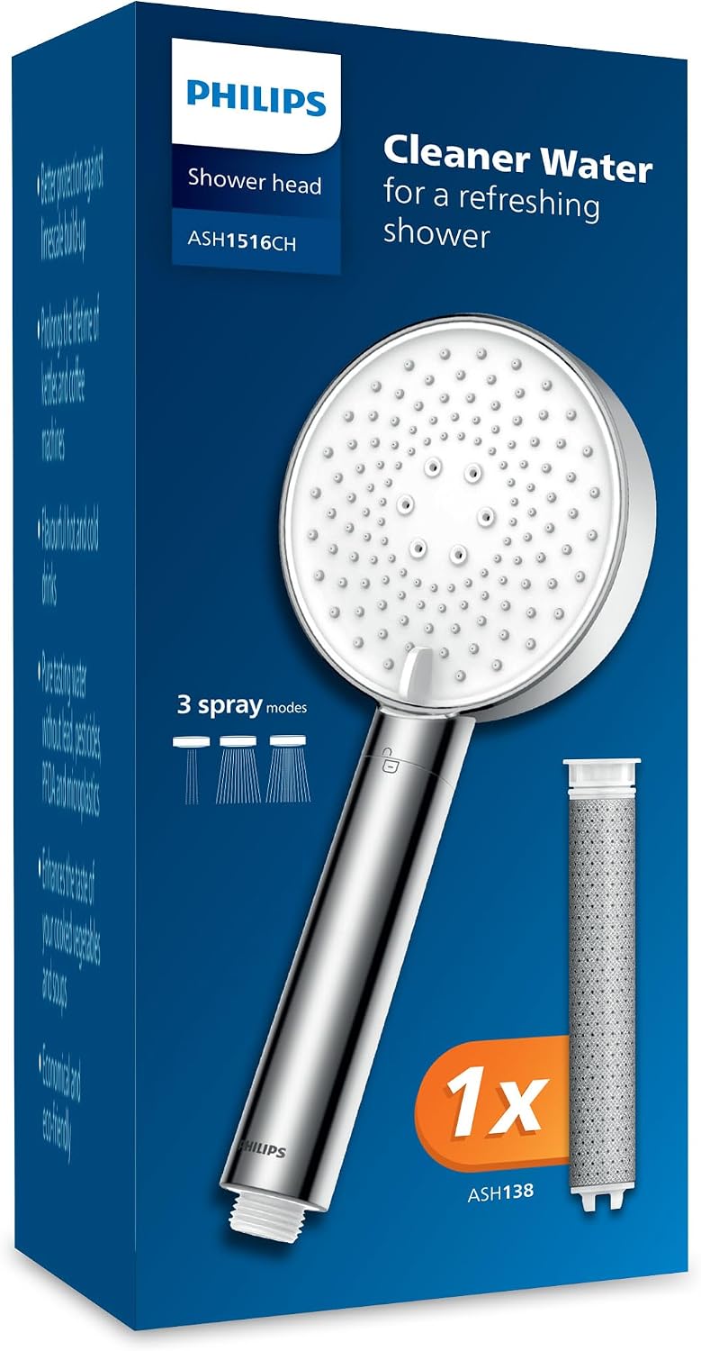 Philips Showerhead with Filter Effectively removes Chlorine and Other coarse Particles, Three Spray Modes, Pressure-Enhancing Design, 1-Month Filtration Capacity