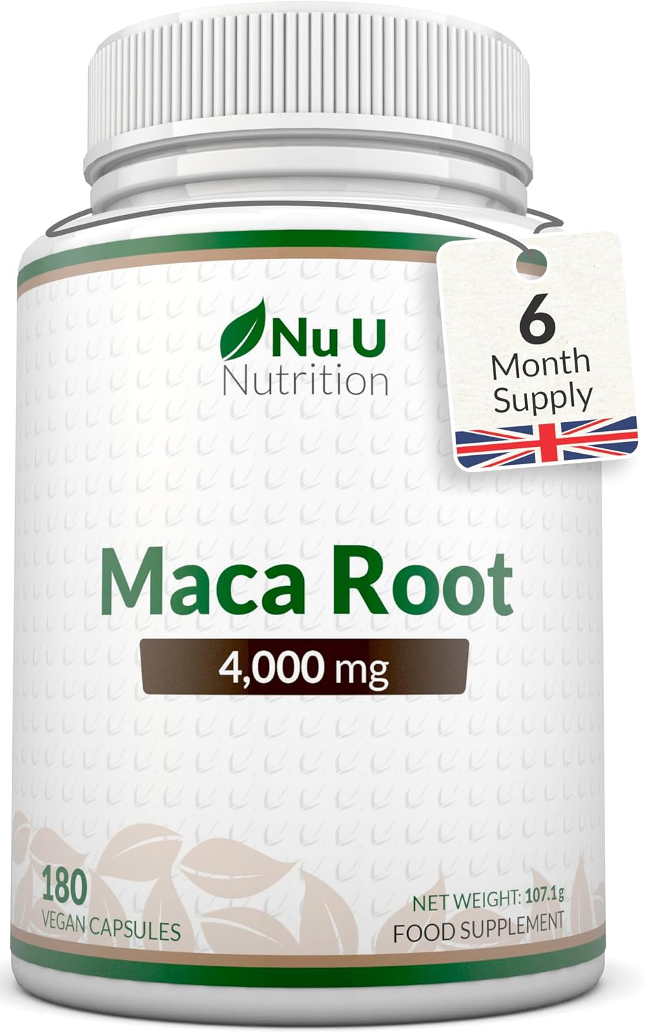 Maca Root Capsules 4000mg - 180 Vegan Capsules - 6 Month Supply - High Strength Peruvian Maca Root for Men & Women - Made in the UK - Nu U Nutrition