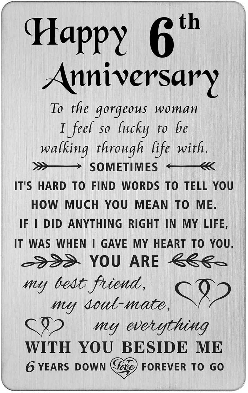 TANWIH 6th Anniversary Card for Wife - 6 Years Down Forever to Go - 6 Year Iron Wedding Anniversary Card Gifts for Her Women, Engraved Metal Wallet Card