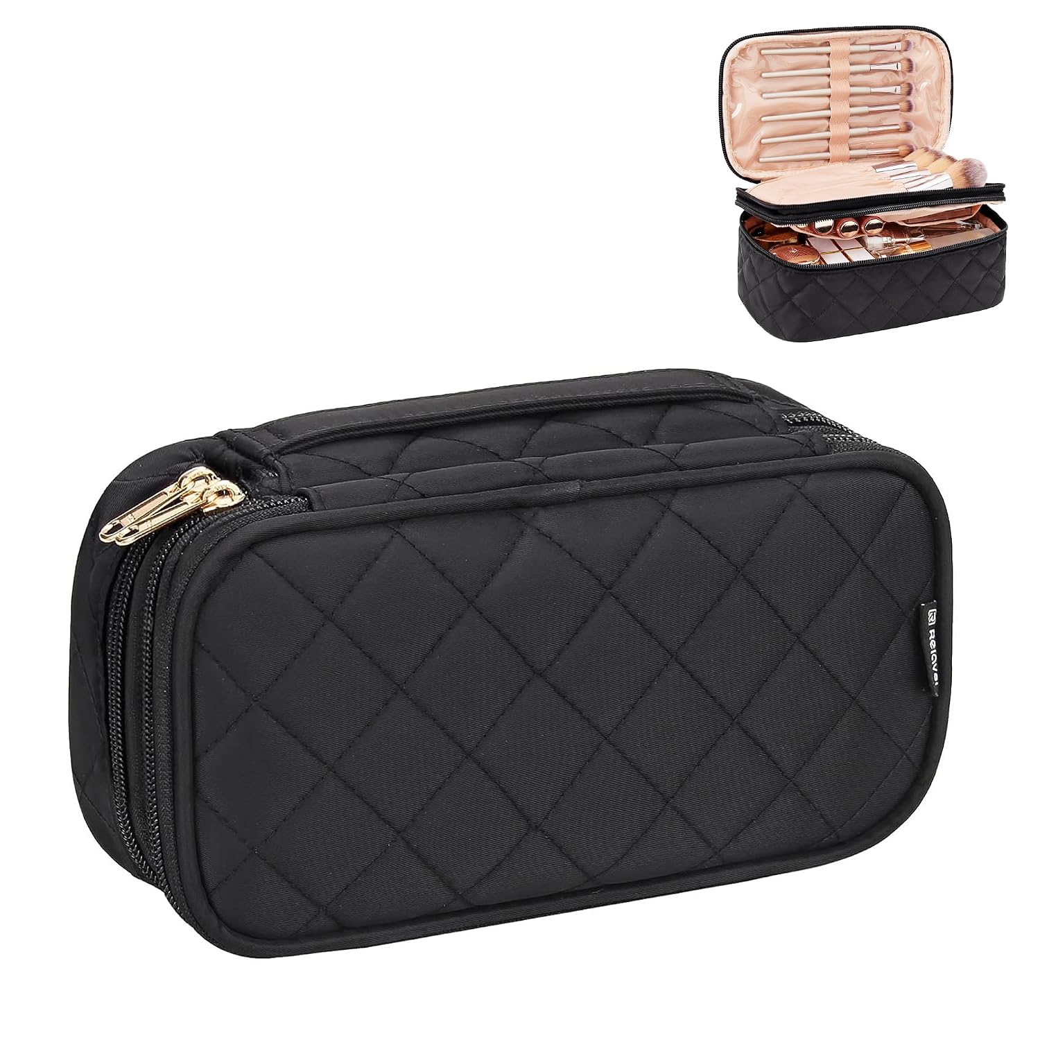 Relavel Makeup Bag, Small Makeup Bag for Women, Travel Cosmetic Bag, 2 Layers Waterproof Makeup Organizer Storage with Makeup Brush Holder, Black