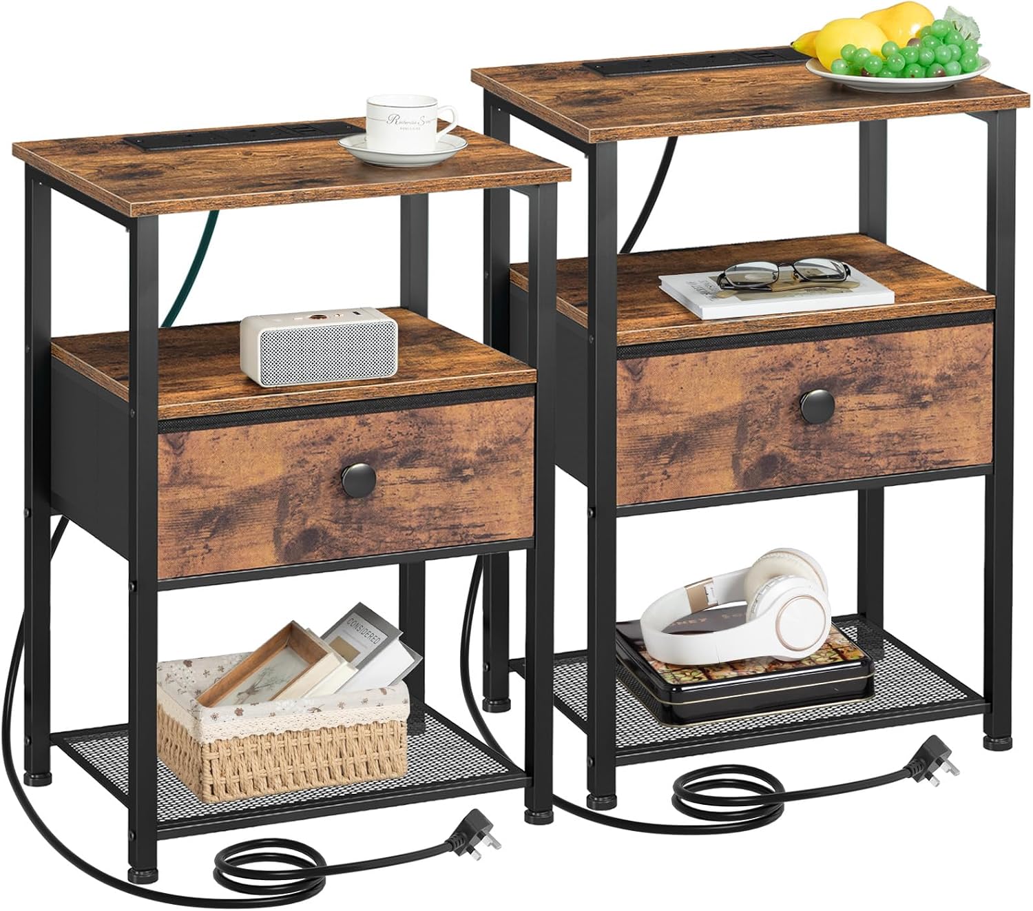 AMHANCIBLE Bedside Table Set of 2 with Charging Station, Nightstand with Fabric Drawer and Open Storage Shelf, Small Side Table, Bedside Cabinets for Living Room, Sturdy Metal Frame, Brown HETS010PBR