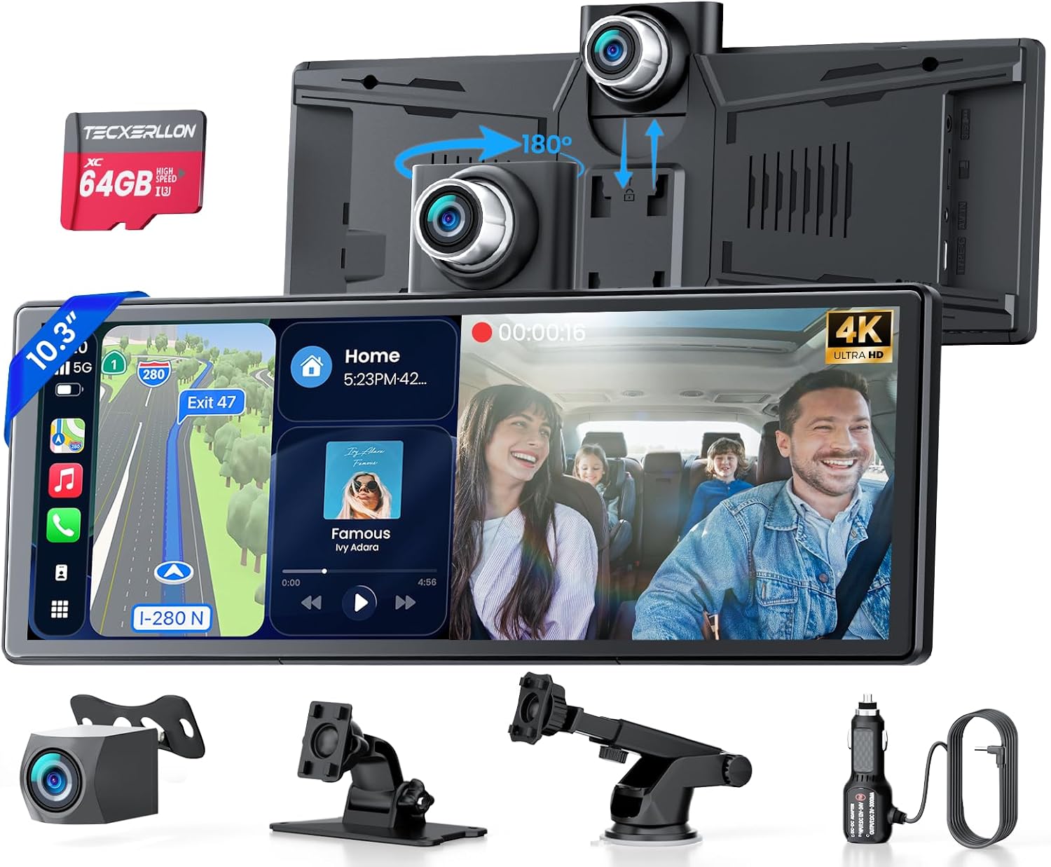 10.3" Portable CarPlay Screen for Car with Rotatable 4K Dash Cam | Wireless Apple CarPlay & Android Auto/ Waterproof 1080P Backup Camera/ 64GB Card/ GPS Navigation/ Voice Control/ Mirror Link