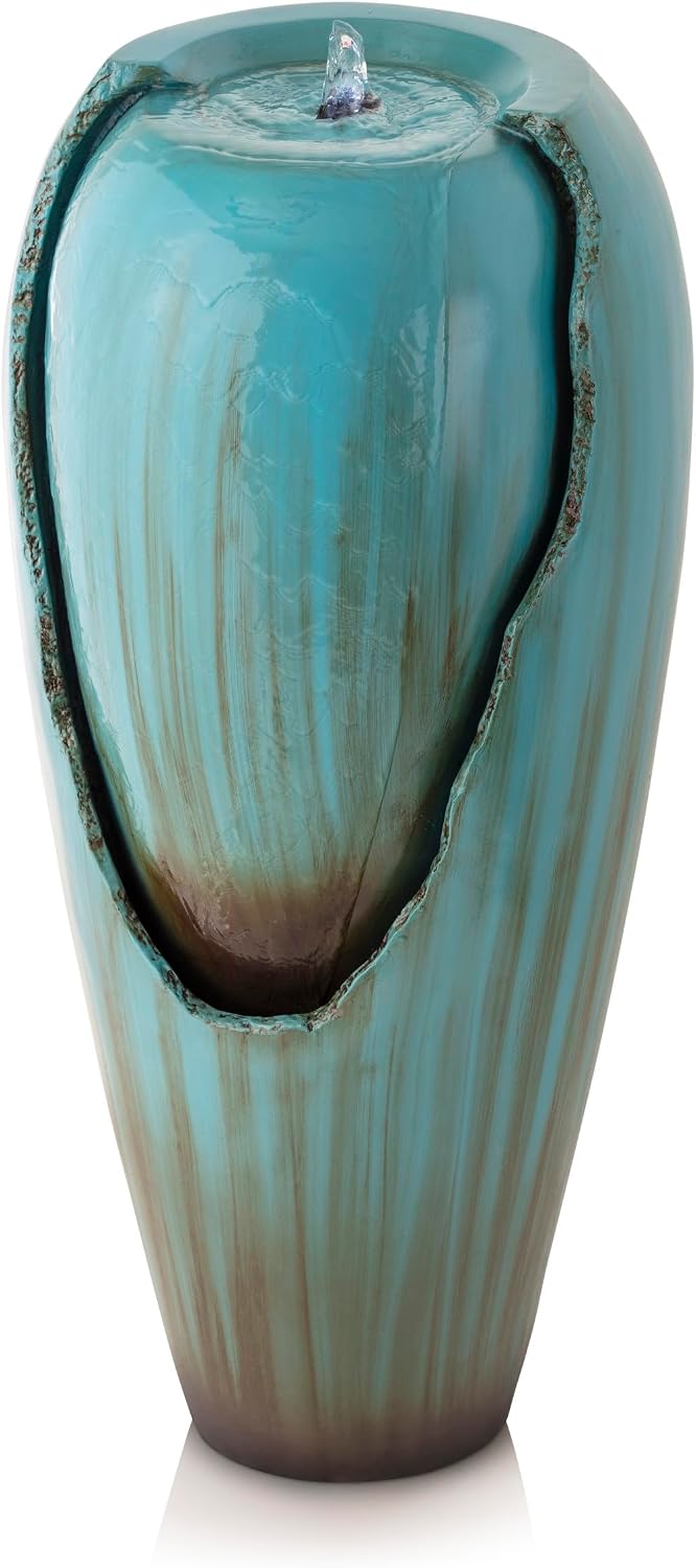 Alpine Corporation 33" Tall Outdoor Antique Jar Water Fountain, Vintage Cascading Design with LED Lights, Garden, Patio & Yard Decor, Turquoise