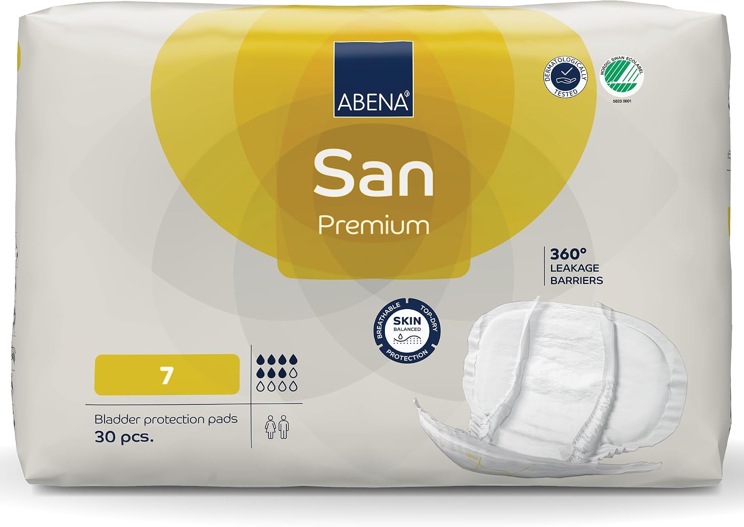 Abena San Premium Incontinence Pads, Moderate Absorbency, (Sizes 4 to 7), Size 7, 30 Count