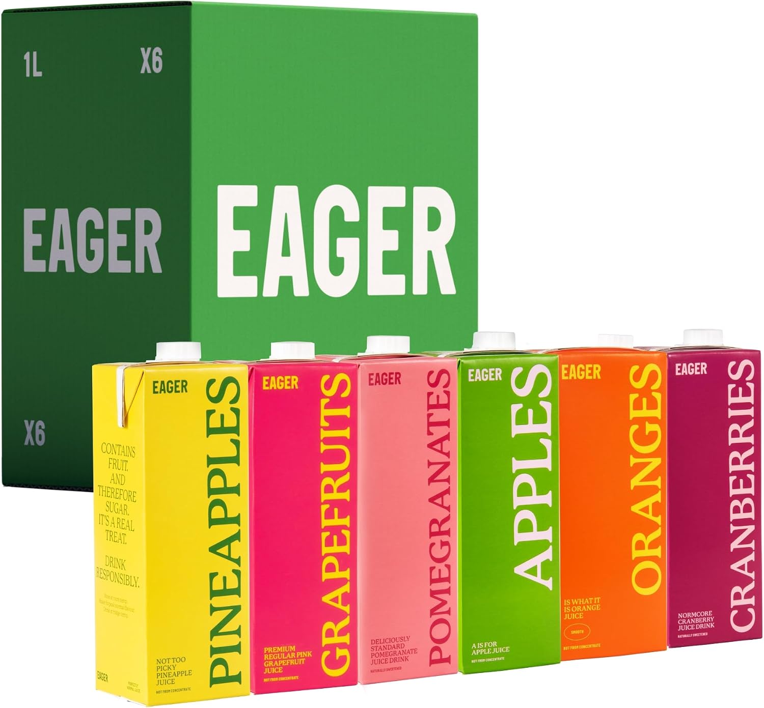 Eager Fruit Juice Mixed Pack (Apple, Orange, Pomegranate, Cranberry, Grapefruit, Pineapple), 1 Litre (Pack of 6)