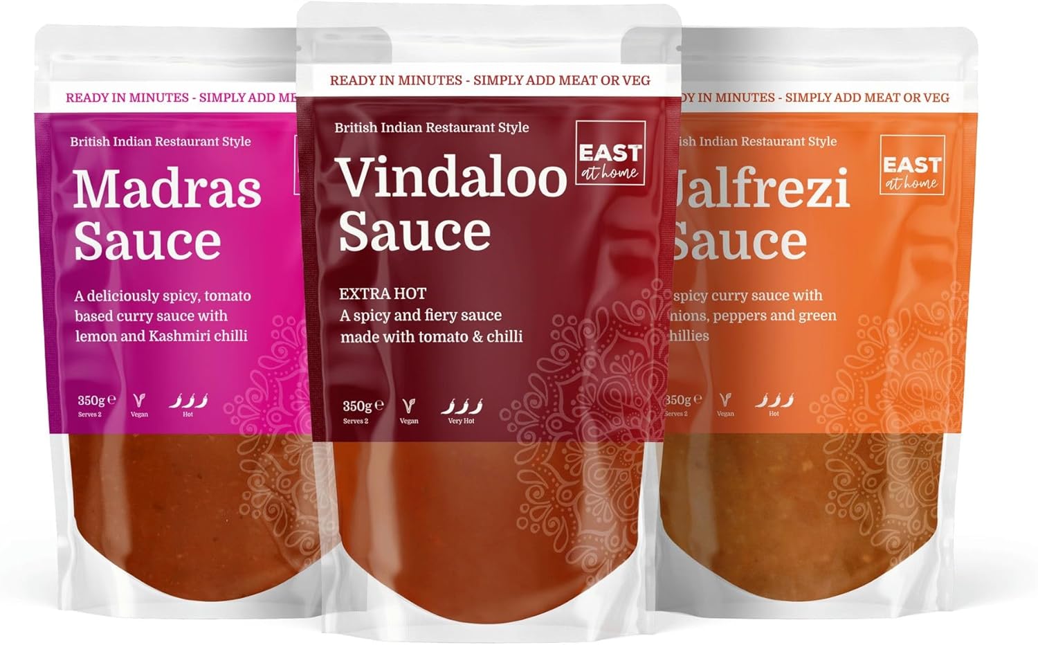 Curry Sauce | 3 x 350g Packs | Ready to use British Indian Restaurant Style | Heat & Eat - Ready in Minutes | East At Home (1 Count (3 pack), Hot Sauce Bundle)