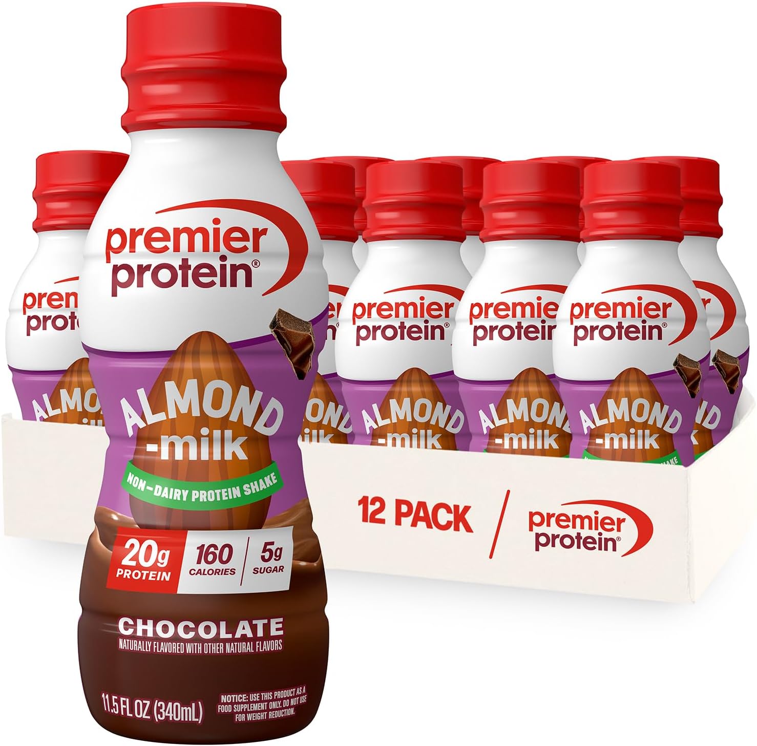 Premier Protein Almondmilk Non-Dairy Protein Shake, 20g Protein, 5g Sugar, 11.5 Fl oz, Chocolate, 12 Count