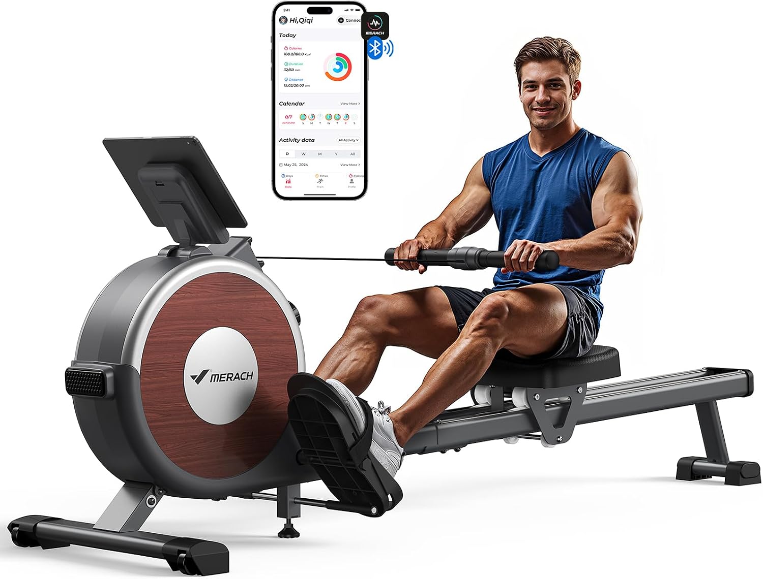 MERACH Rowing Machine for Home Gym, 16 Resistance Levels, Quiet Magnetic Rower Machine, Improved Double Rails for Increased Stability, Easy Assembly, App Connectable