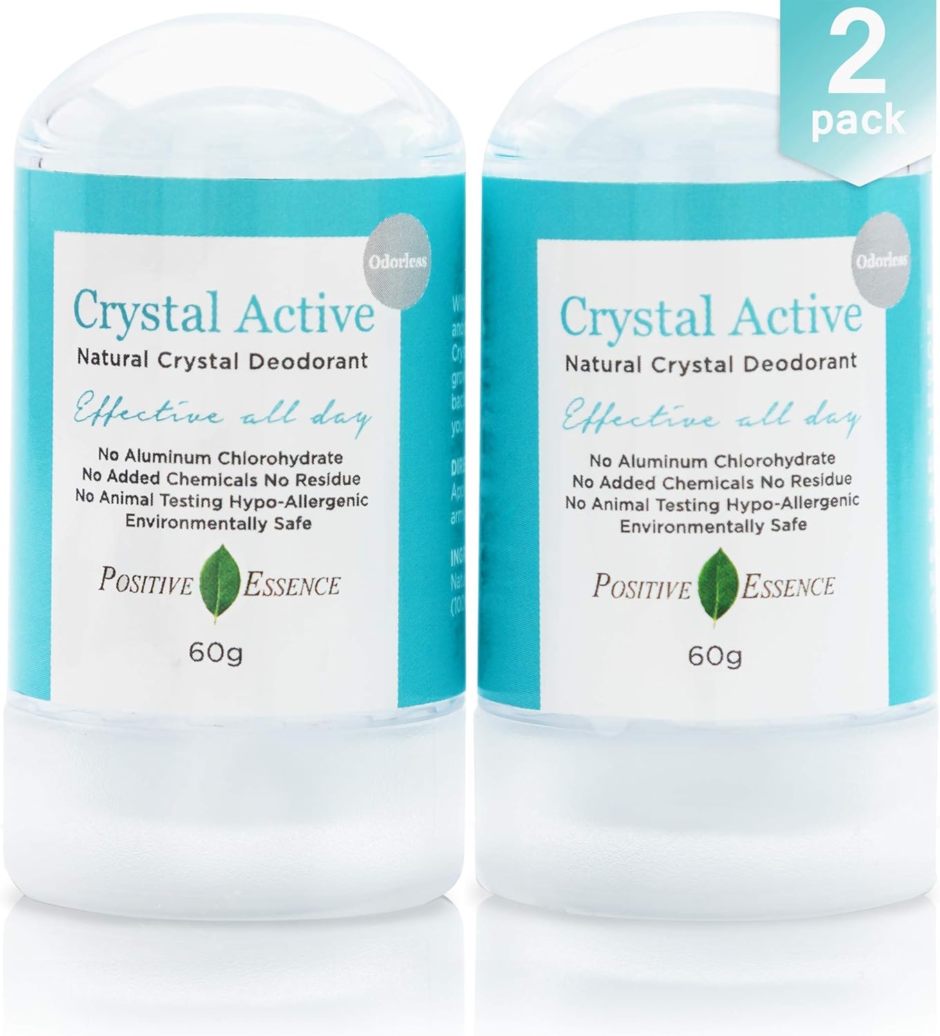 Crystal Deodorant Stone, Crystal Active, 100% Natural, Long Lasting, Single Ingredient, No Aluminum Chlorohydrate or Chemicals, Unscented/Odorless, Thai Crystal Stone, Men and Women, 60g (2 pack)