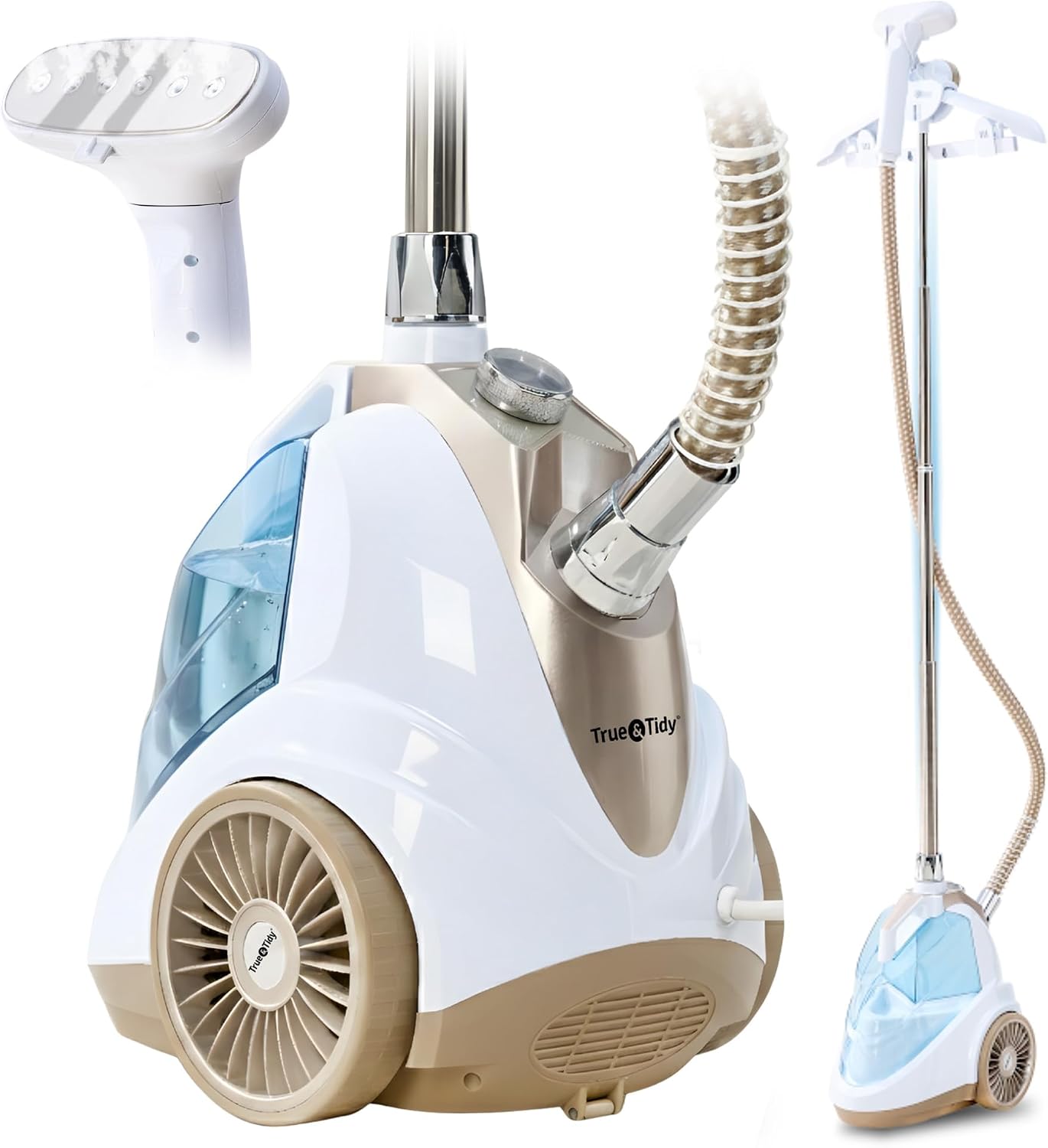 True & Tidy Luxury Upright Commercial Garment Steamer, Smart Auto Shut-Off Technology, 10 Steam Settings w/Wheels, 1800W Powerful Standing Clothes Steamer Fast Wrinkle Removal for Home & Business Use
