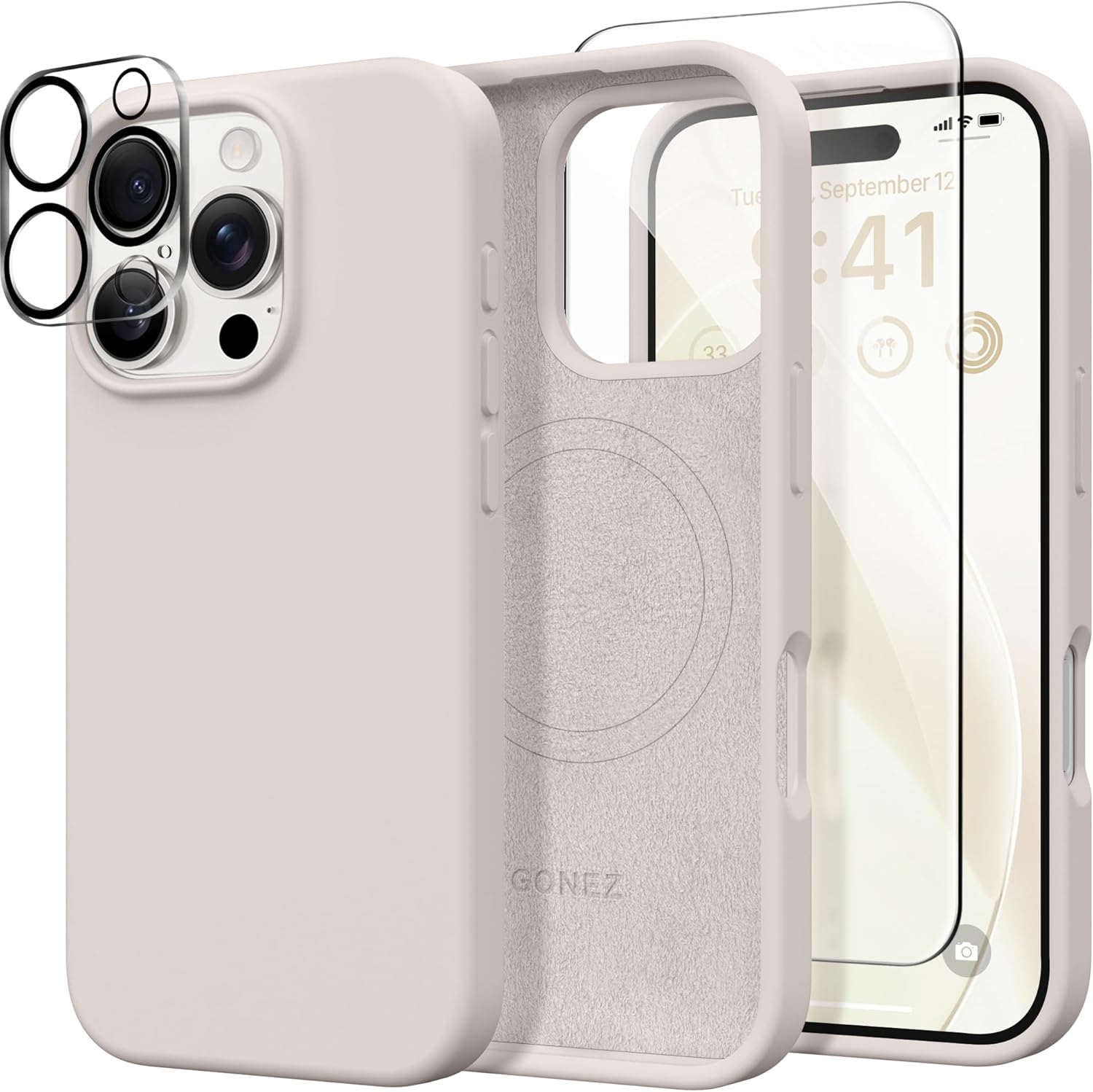 GONEZ Magnetic for iPhone 16 Pro Case, Compatible with MagSafe, [Screen Protector + Camera Lens Protector], Silicone Shockproof Anti-Scratch Protective Phone Case 6.3 inch, Stone