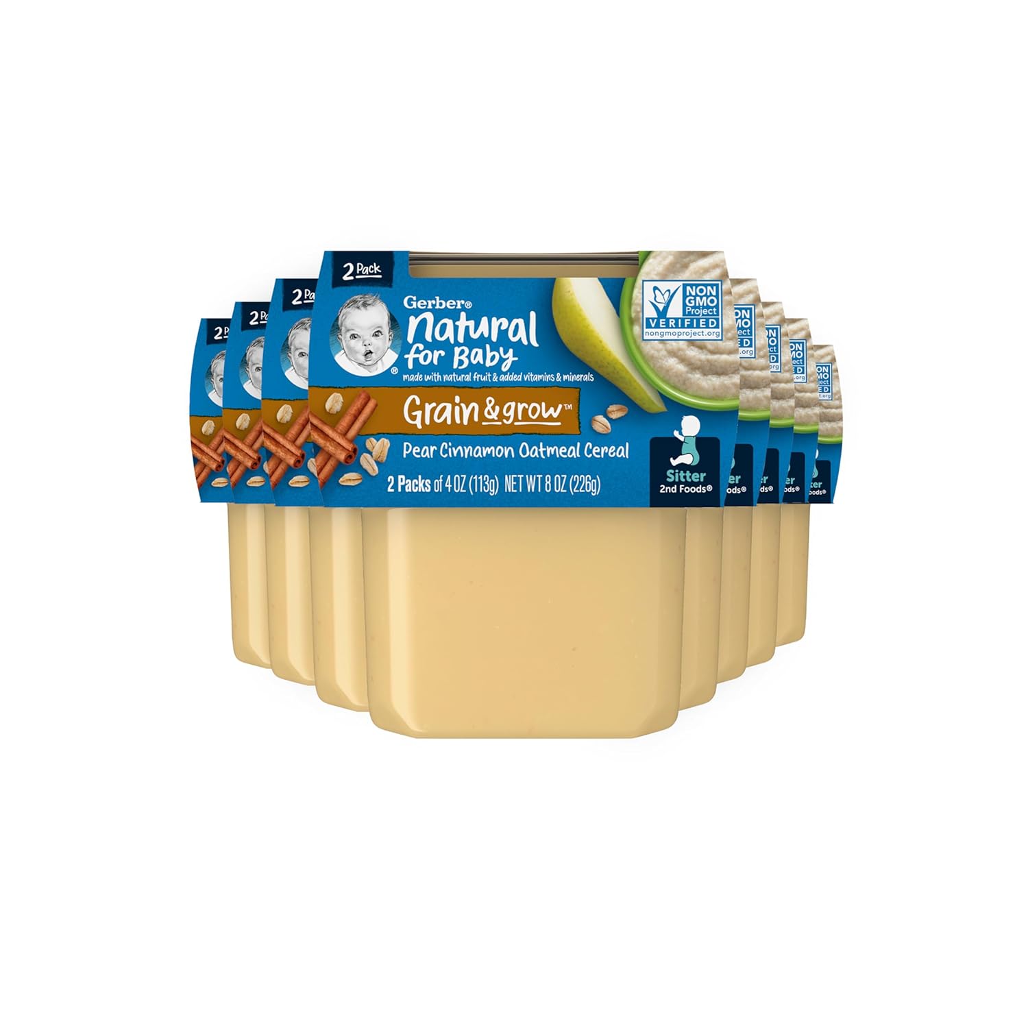 Gerber Baby Food 2nd Foods, Mixed Cereal, Pears & Cinnamon with Oatmeal Puree, 4 Ounce Tubs, 2-Pack (Pack of 8)