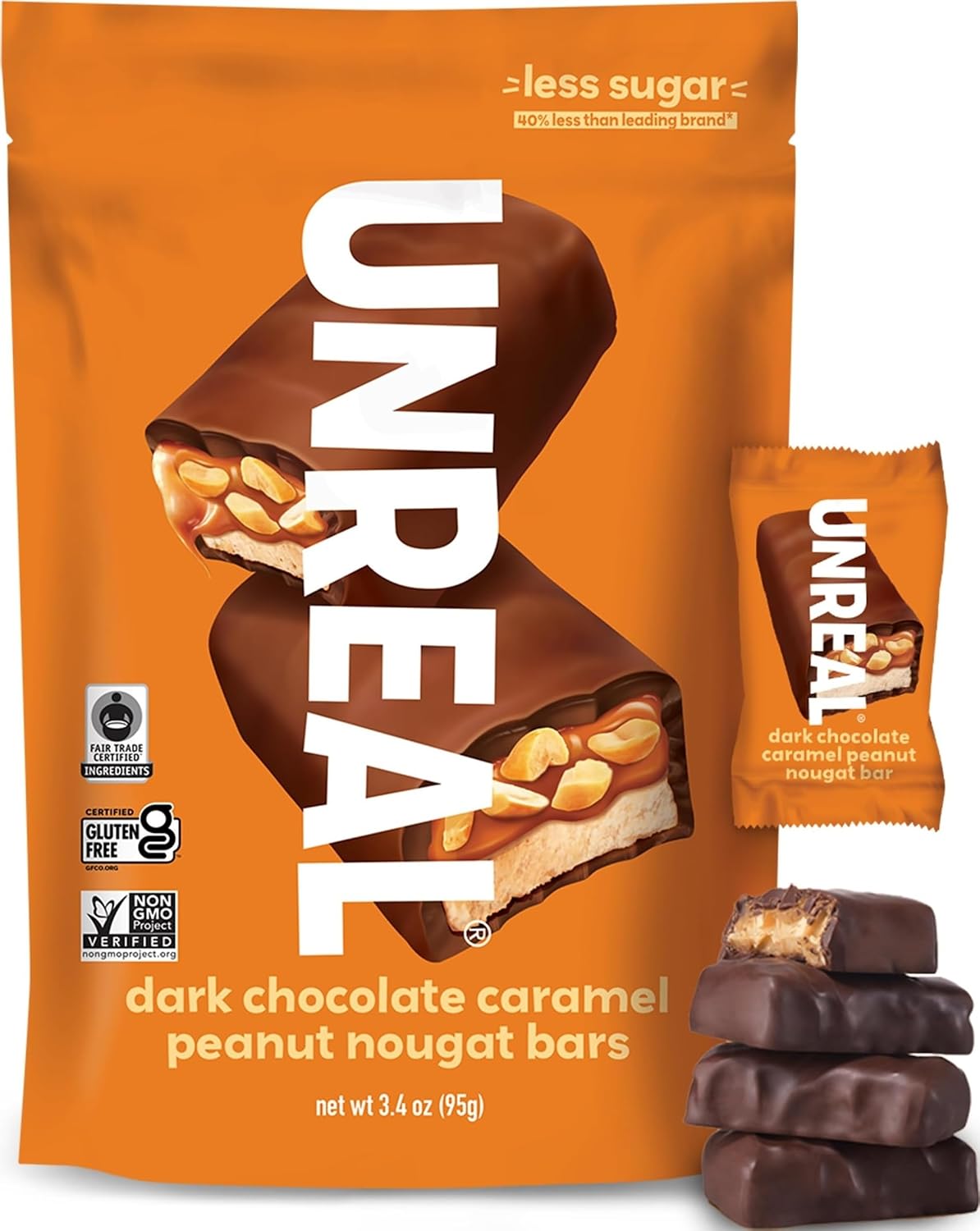 UNREAL Dark Chocolate Caramel Peanut Nougat Bars (1 Bag), 70% Organic Ingredients, Fair Trade, Non-GMO, No Corn Syrup, Sugar Alcohols, Soy, 3.4oz