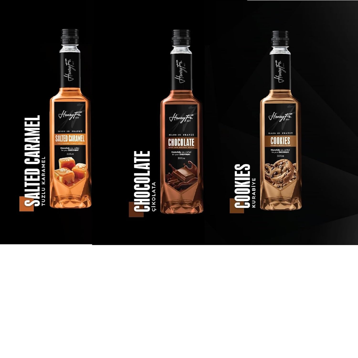 Salted Caramel - Chocolate and Cookies Syrups Bundle for Coffee - Lattes, Mochas, Smoothies, & Shakes 3 * 33.81 Fl. Ounces by Henry Fr. 1977