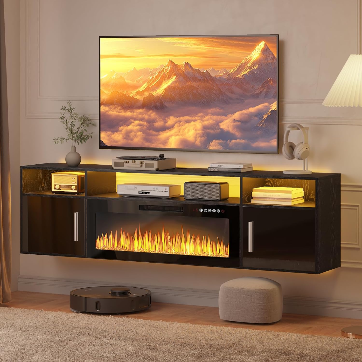 PUKAMI 70" Floating Fireplace TV Stand, Floating TV Stand Wall Mounted with 36" Electric Fireplace, Entertainment Center with LED Lights and Storage Cabinet for TVs up to 80", for Living Room, Black