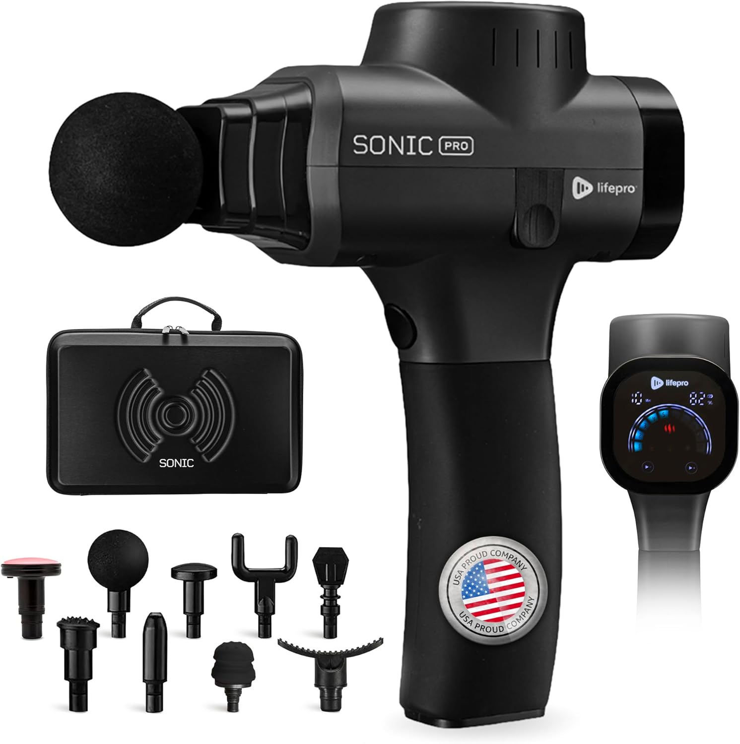 LifePro Sonic Pro Handheld Electric Massage Gun – Deep Tissue Percussion Massager Gun with 10 Speeds & 9 Heads – Muscle Massager for Athletes Back, Legs, Arms