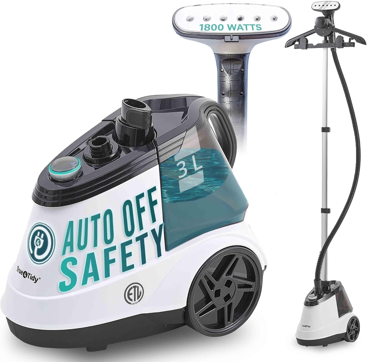 True & Tidy® Heavy Duty Auto Shut-off Commercial Garment Steamer, Smart Water Sensor w/Beep Alert, 3 Steam Settings, XL 3L Tank, 1800 watts, 90+min of Continuous Steam for Home and Commercial Use