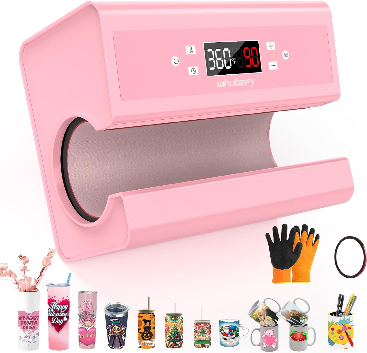 Whubefy Auto Tumbler Heat Press, Pink Mug Heat Press for 10-30oz 2.9-3.34 Inch Heating Even & Fast, for Commercial/Home Use with Starter Kit, Sublimation for Tumbler, Glass Jar, Can & Mugs