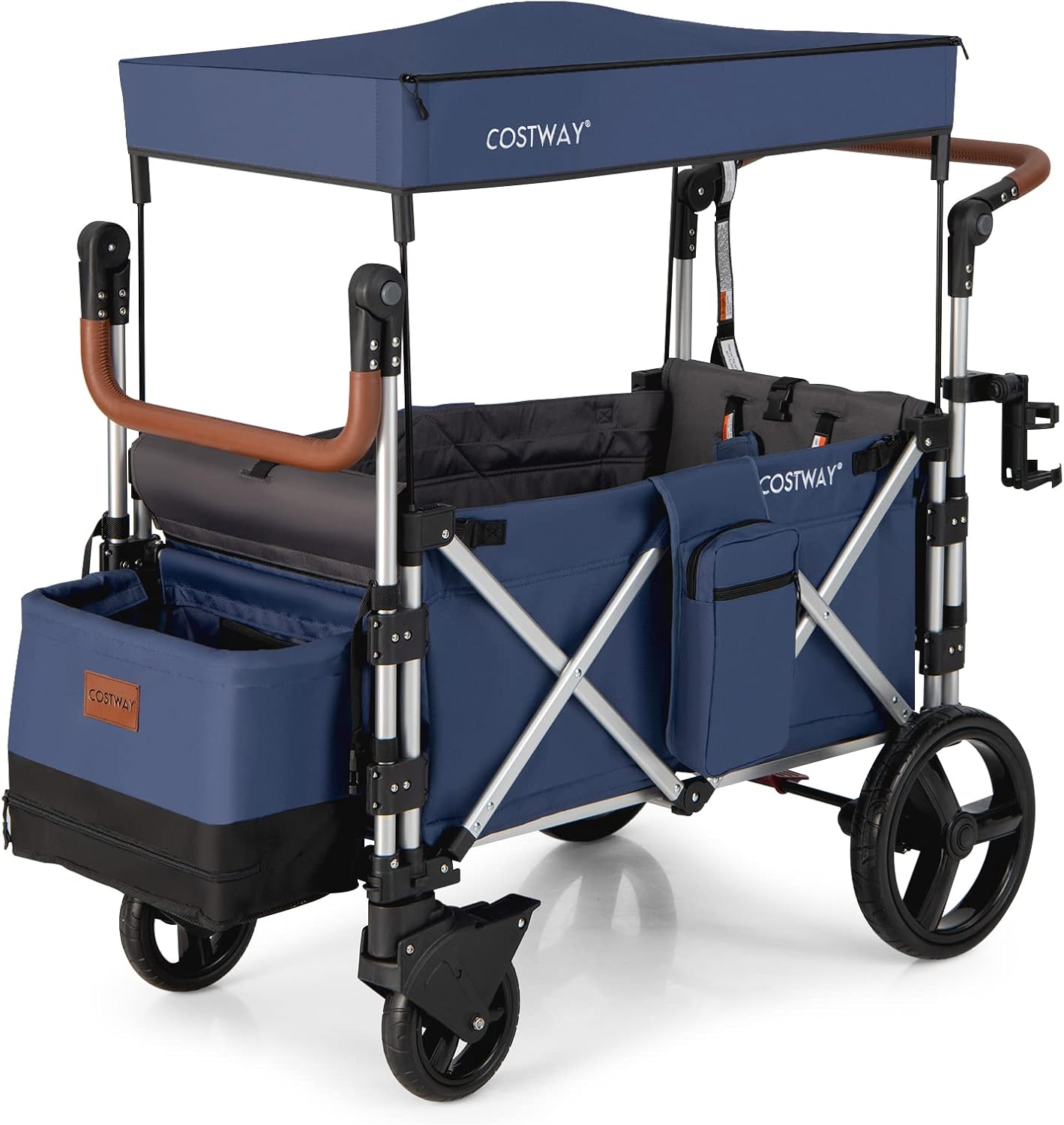 COSTWAY Push Pull Stroller Wagon for 2 Kids, Collapsible Trolley with Adjustable Handle Bar, Removable Canopy, 5-Point Harness and Drapes, Outdoor Camping Cargo Cart (Navy)