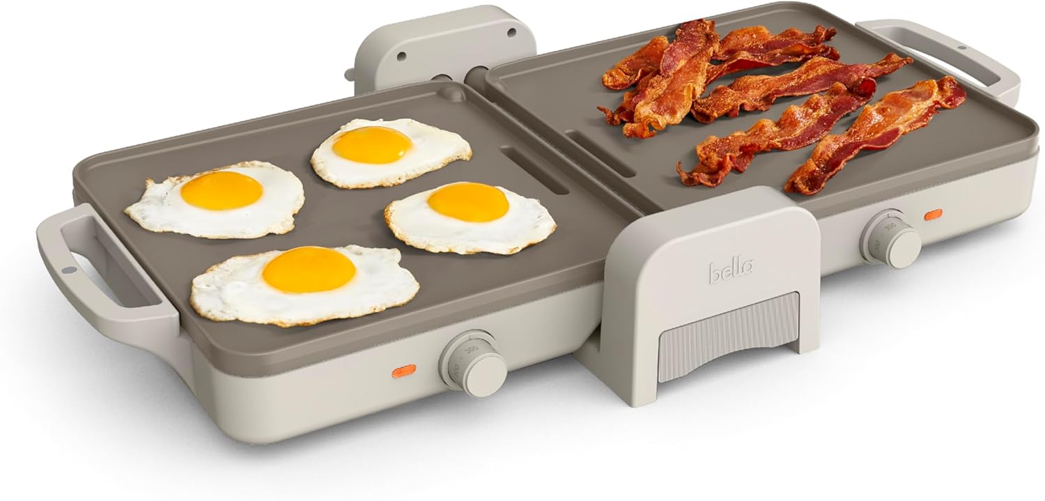 Bella 10"x 20" Ceramic Fold-n-Store Dual Temp Griddle, Fits-anywhere Kitchenware, EverGood Ceramic Nonstick Coating, 2 Temperature Zones up to 400°F​, Dishwasher Safe Drip Tray, 1500 Watt, Oatmilk