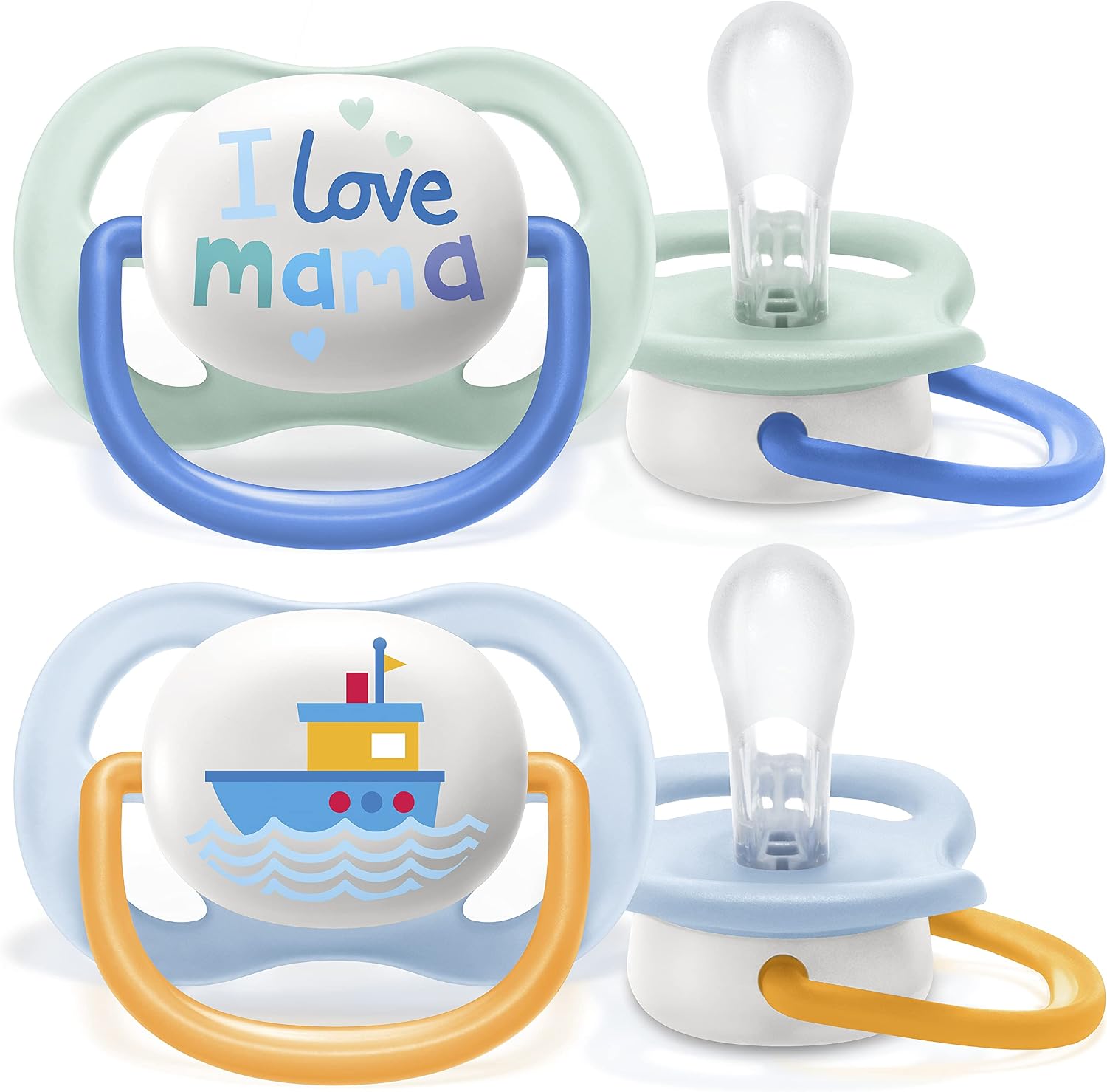 Philips Avent Ultra Air Pacifier, for 0-6m, Orthodontic & BPA-Free, 2 pcs, Including Sterilizer/Carrying Case, SCF080/01 Light Green/Dark Blue and Light Blue/Orange