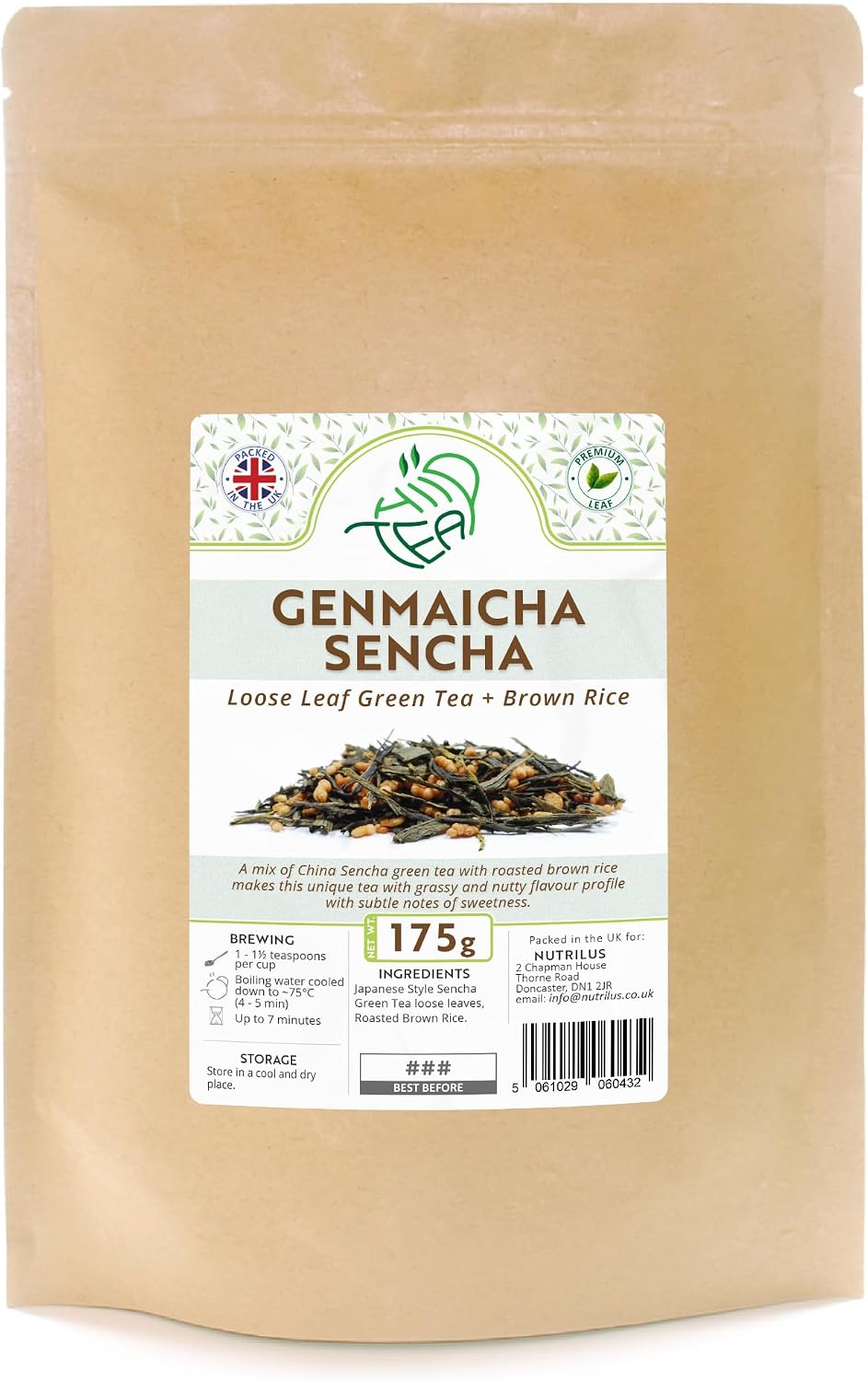 Genmaicha Sencha Green Loose Leaf - Premium Green Tea With Roasted Brown Rice (175g)