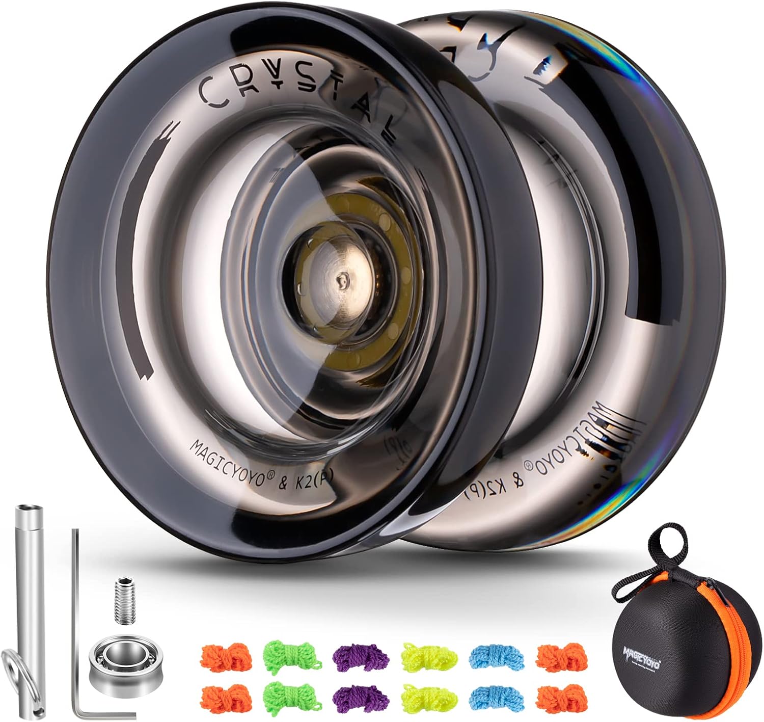 MAGICYOYO Dual Purpose Yoyo for Kids Beginner, Responsive K2 Crystal Black, Professional Ball With Unresponsive Bearing, Remover, Axle, Tool, Bag, 12 Strings