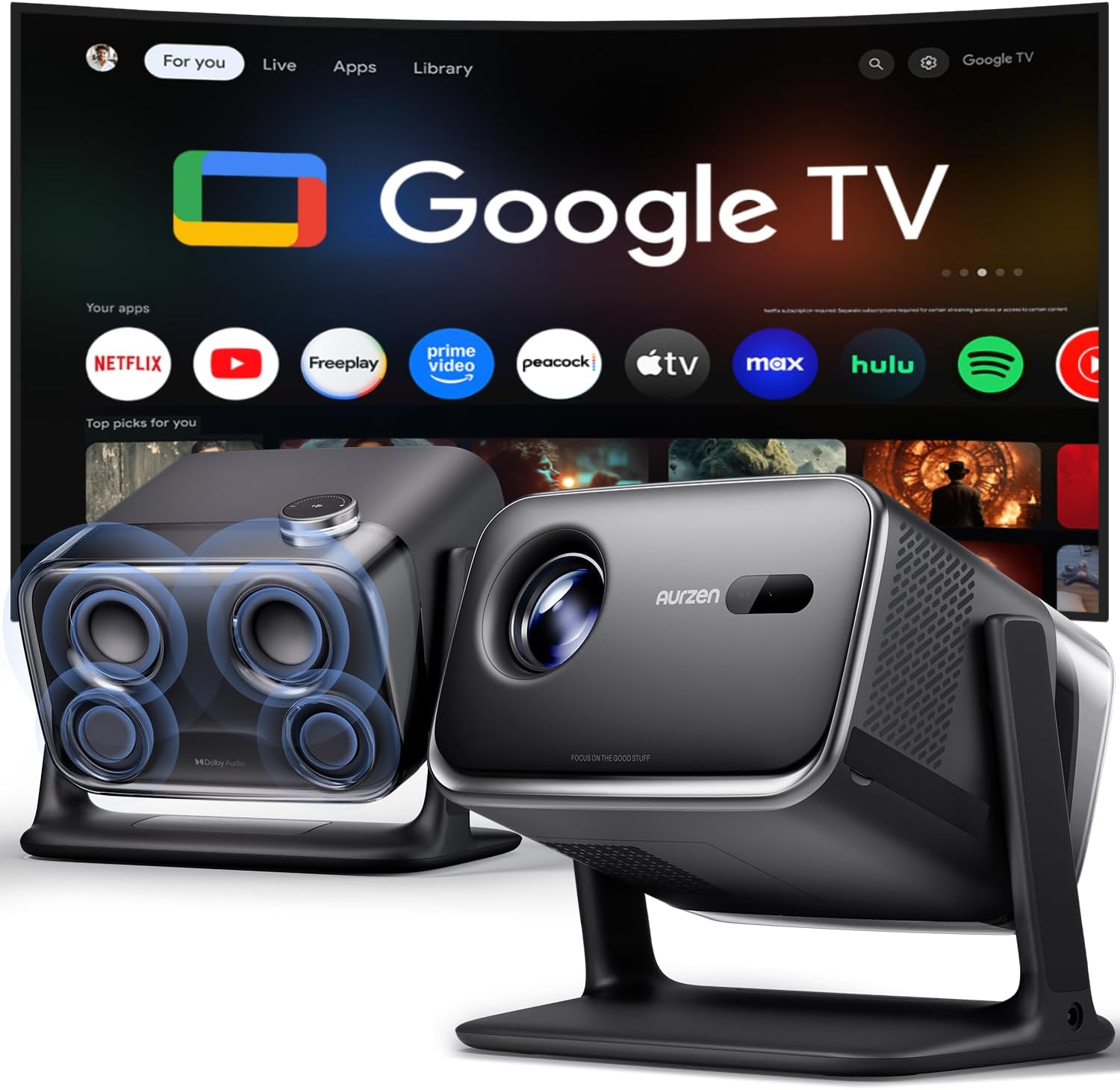 Aurzen BOOM mini Google TV Outdoor Smart Projector with 20W Dolby Audio