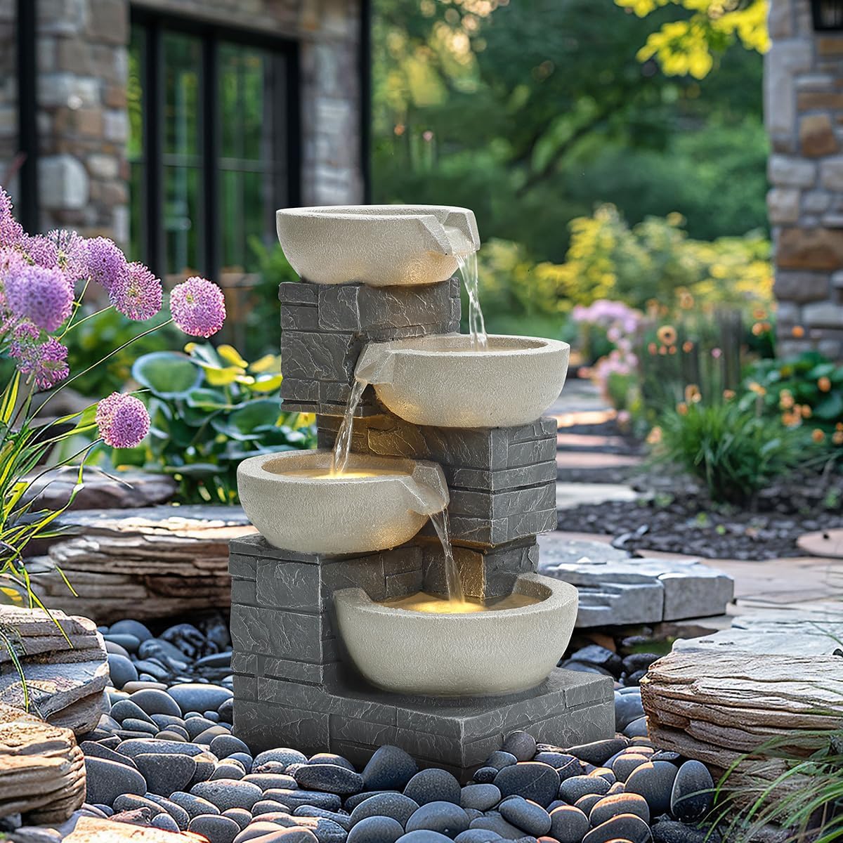 CHARLES BENTLEY 4 Tier Cascading Water Feature, Grey Brick Finish, Self Contained, 50HZ Pump, 220-240V, 10L Capacity, UV & Frost Resistant, 3 Built In LED Lights, 5m Cable (55.5x37x31cm)