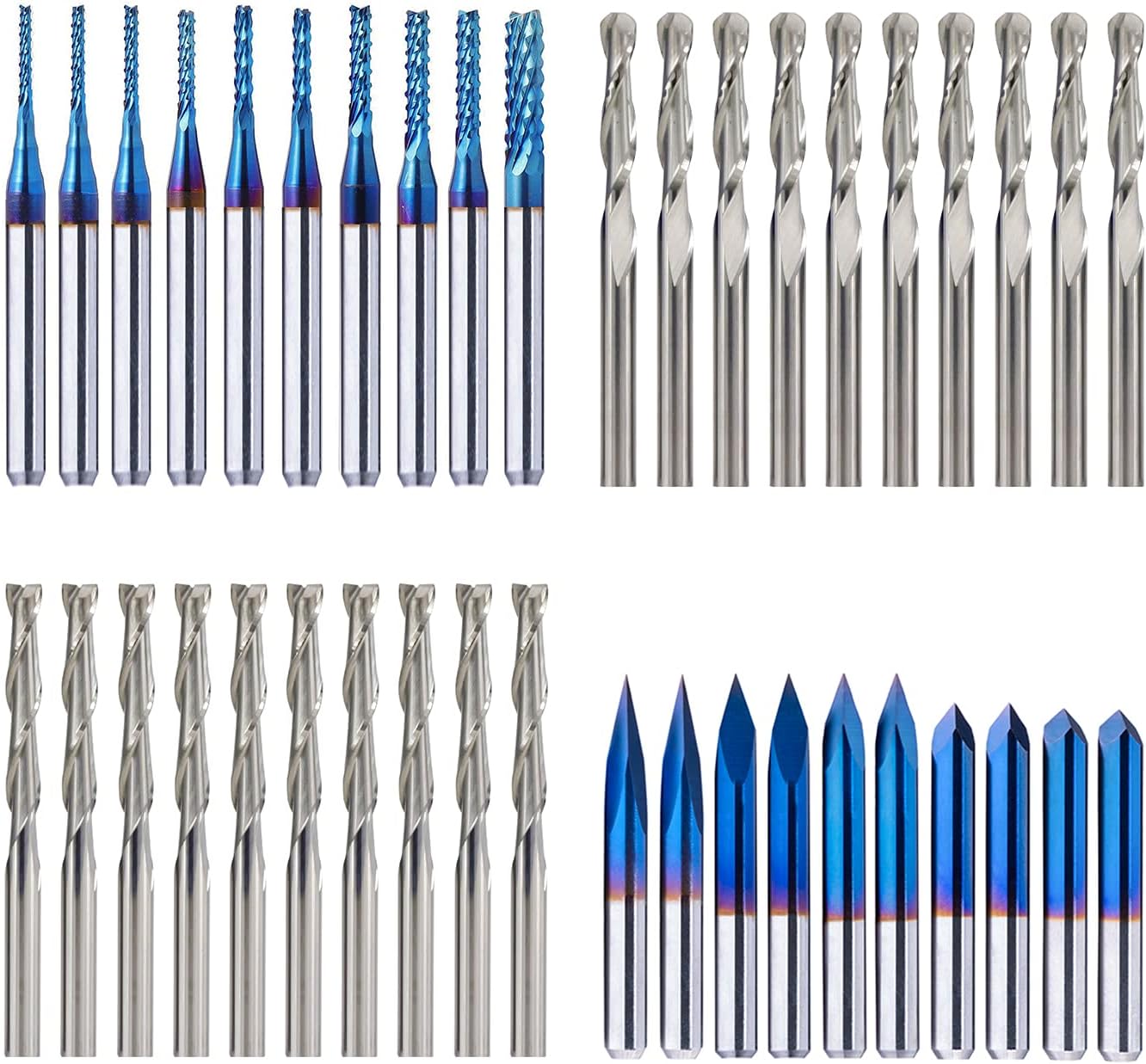 1/8”(3.175mm) Shank CNC Router Bits Kit for All Purpose, Triangular Engraving Bits, Spiral End Mills, 2-flute Flat Nose and Ball Nose End Mills Cutter for Milling Machine Wood Plastics PVC Engraving
