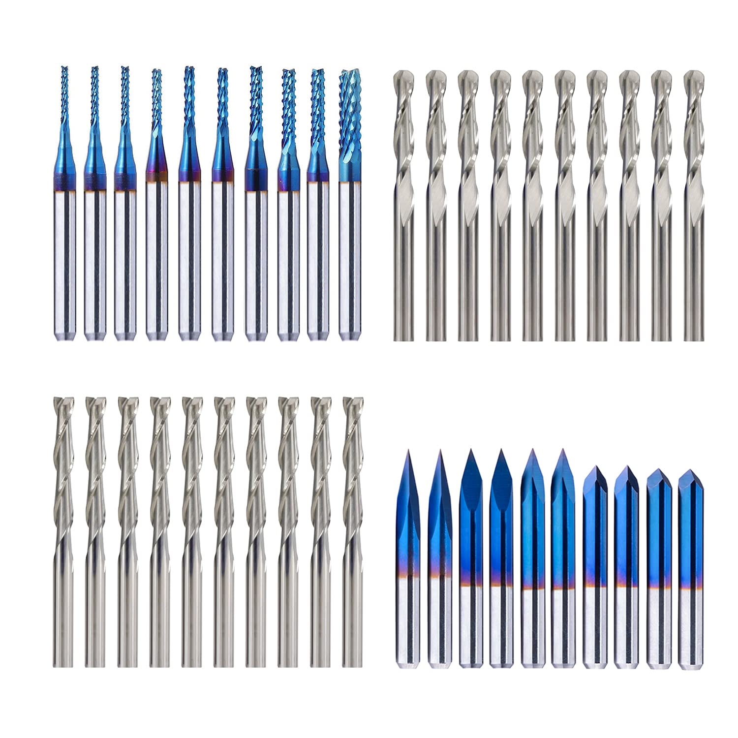 FoxAlien 1/8” Shank CNC Router Bits Kit for All Purpose, Triangular Engraving Bits, Spiral End Mills, 2-Flute Flat Nose and Ball Nose End Mills Cutter for Milling Machine Wood Plastics PVC Engraving