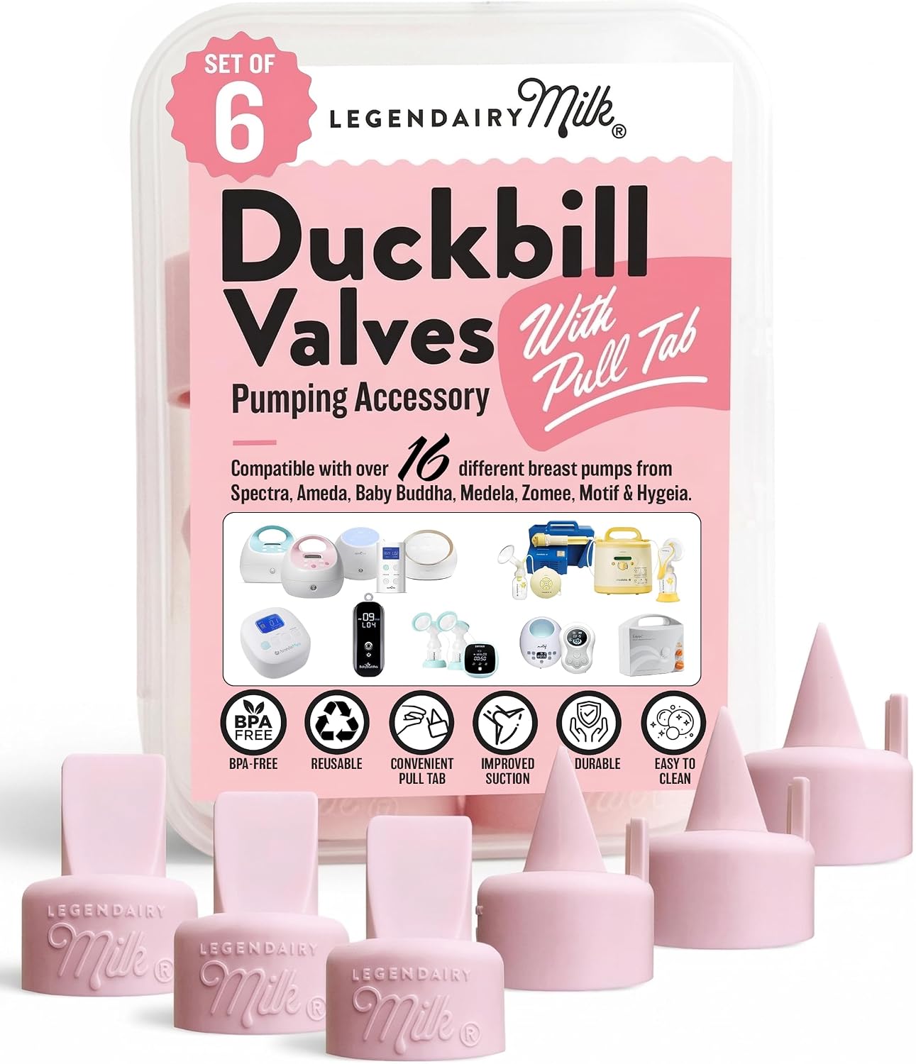 Legendairy Milk Duckbill Valves for Spectra Breast Pumps, 6 Ct, BPA-Free | Pink food-grade silicone valves with pull tabs fit Spectra, Medela, Motif, BabyBuddha & Zomee; easy to clean, strong suction.
