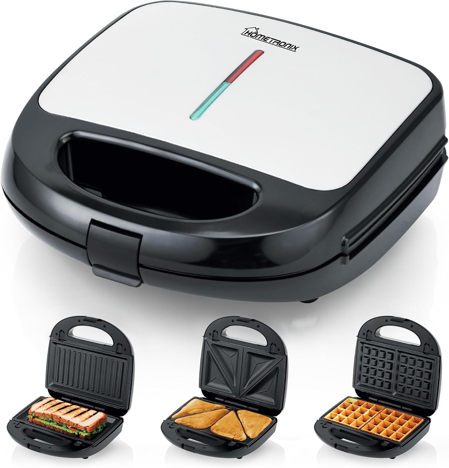 HomeTronix 3-in-1 Snack Maker Grill – Electric Sandwich Maker, Waffle Maker, Panini Press with Interchangeable Plates, Mini Griddle Plate for Grilled Food
