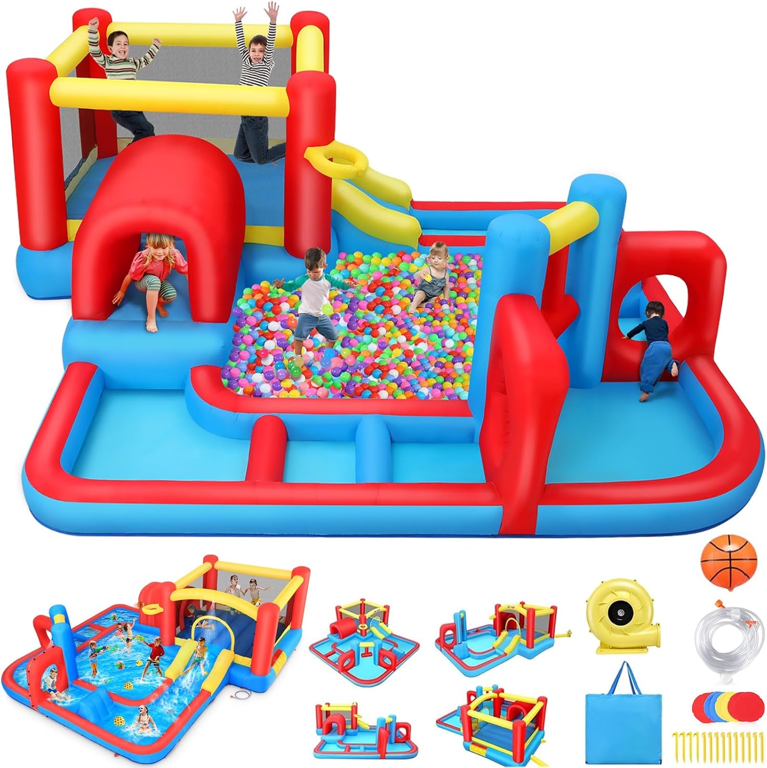 Bounce House Waterslide for Kids 3-12 w/Blower, 14.3 x 14.3FT Inflatable Obstacle Course w/Jump Area, Divided Ball Pit, Slide, Obstacle, Punching Bag, Basketball Hoop & Tunnels for Indoor/Outdoor
