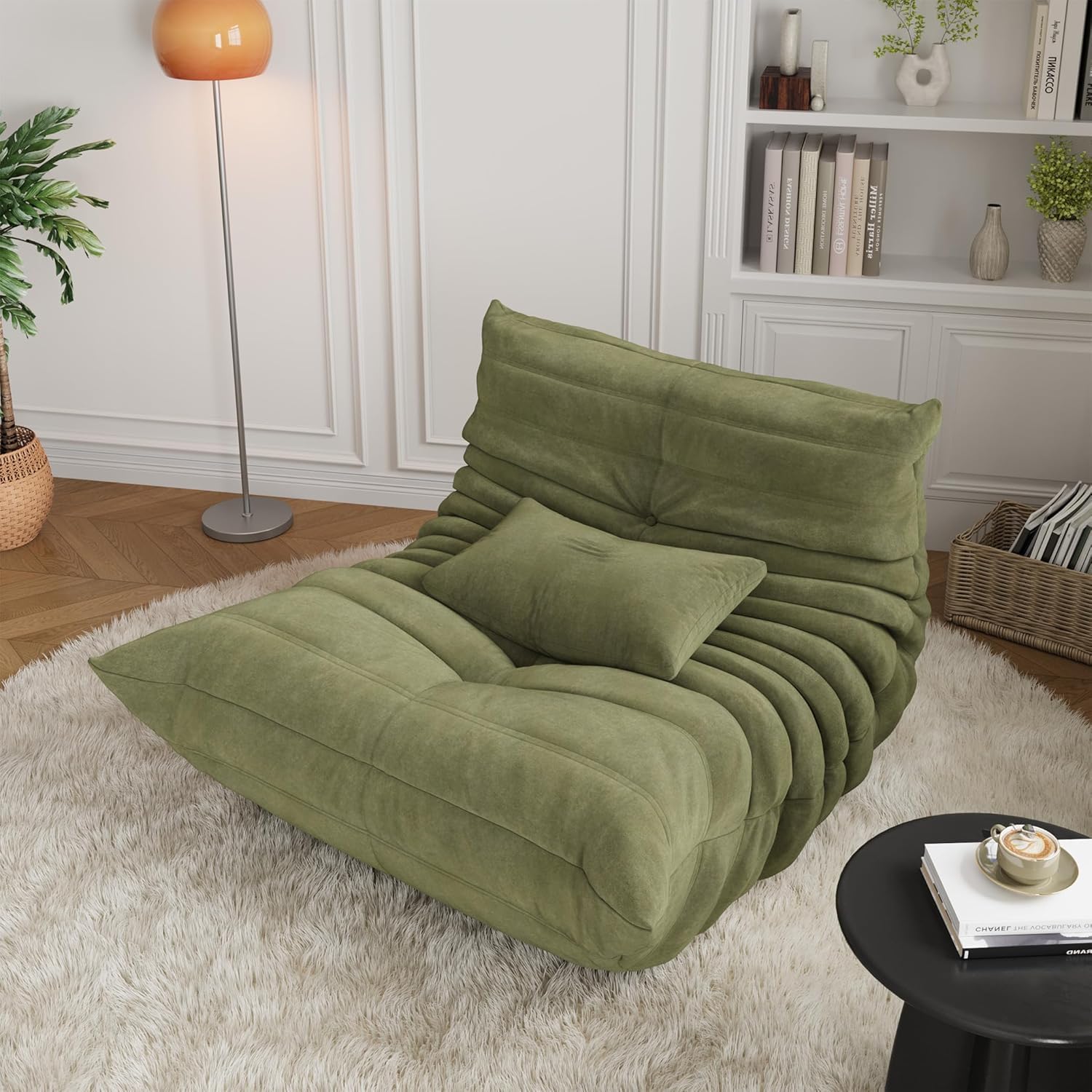 Plush Sponge Caterpillar Sofa - Deep Green Bean Bag Chair for Living Room, Ergonomic Floor Sofa with High-Density Foam, No Assembly Required