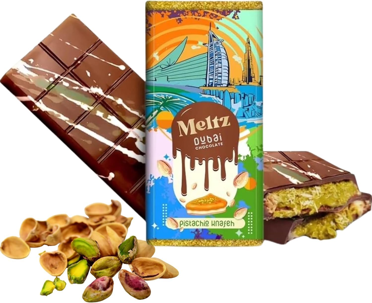Meltz Premium Dubai Chocolate Bar Pistachio Kunafa Luxurious UEA Middle Eastern Delight Milk Chocolate Pistachi KnaFeh Chocolate Perfect Dubai Sweets Treat Box Dairy Gift (pack of 1)