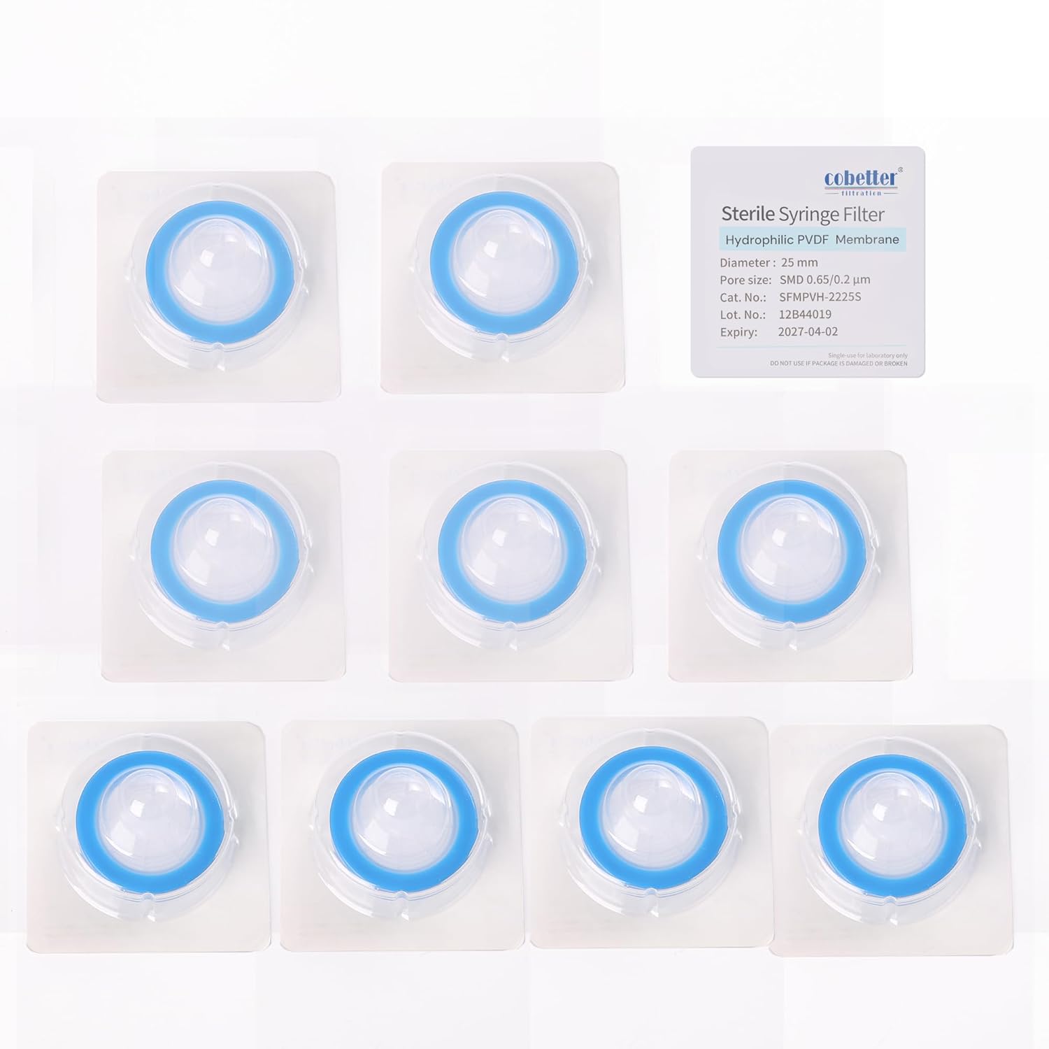 10 pcs/PK Sterile Syringe Filter Double-Layer Hydrophilic PVDF Membrane 0.2μm Lab Filters 25mm Diameter Individually Packed, Blue