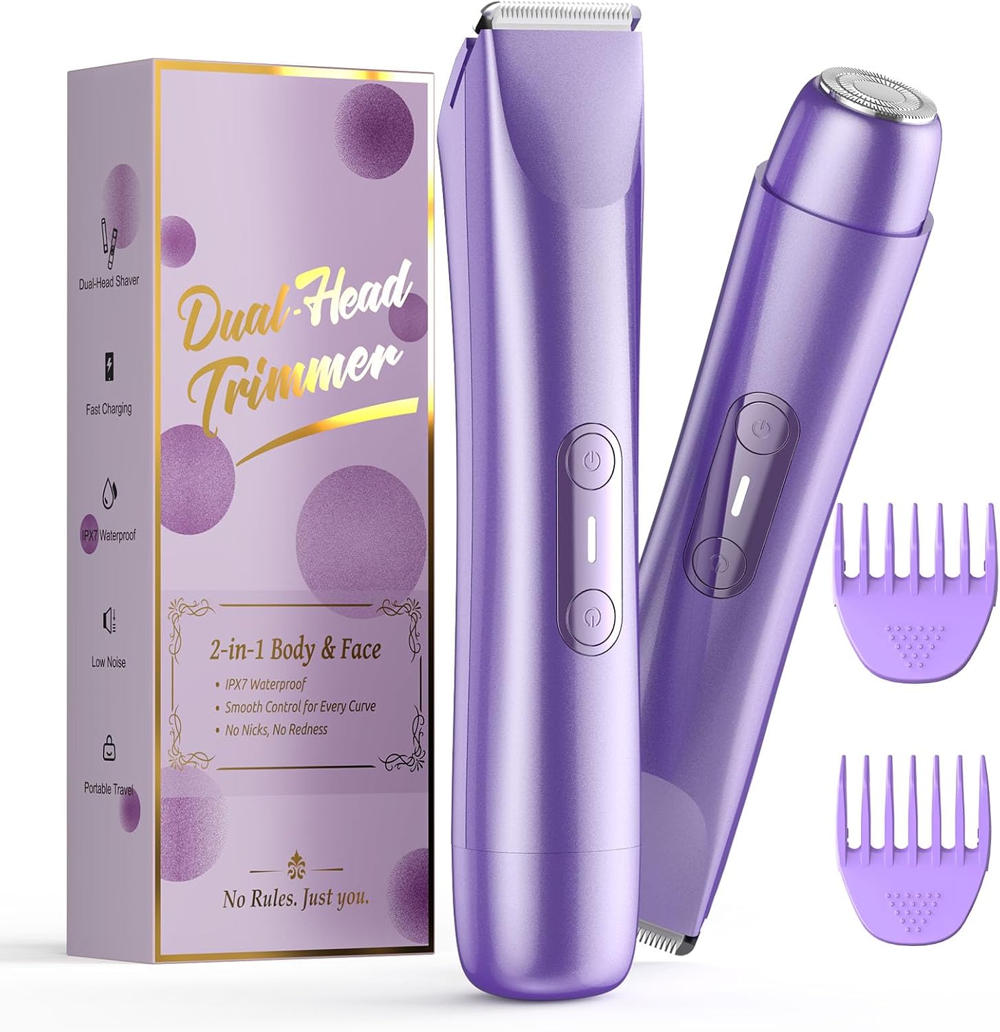 Bikini Trimmer for Women, 2 in 1 Dual Head Electric Razors, IPX7 Waterproof & Painless Shaver, Cordless Pubic Hair Trimmer for Leg Face Underarm Body Hair Removal, Purple