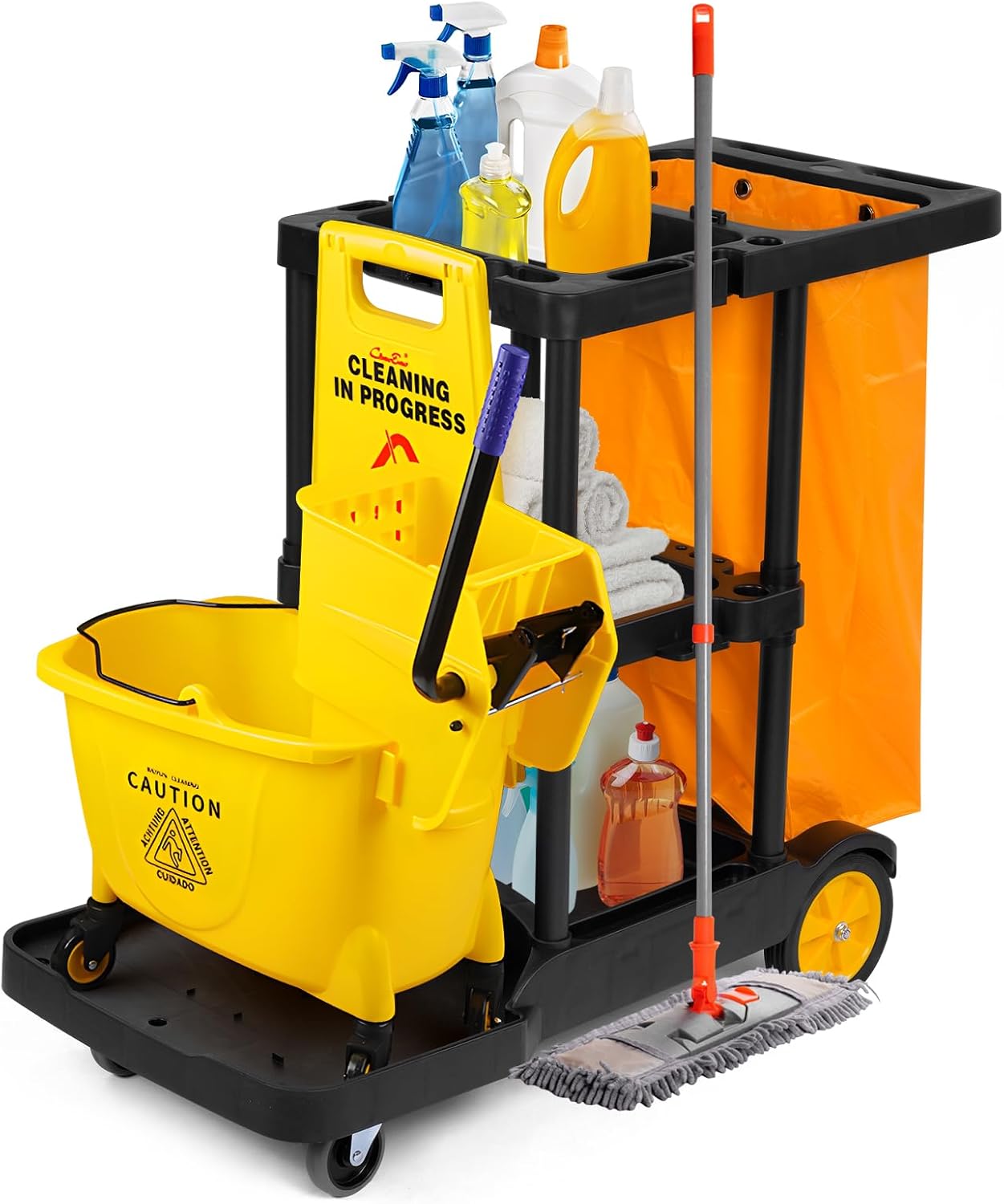 mosegor Janitorial Trolley Cleaning Trolley On Wheels Large Capacity 56x113x88cm Catering Housekeeping Commercial Cleaning Utility Service Cart Utility Oxford Bag,Side Hook Design,Storage Shelf