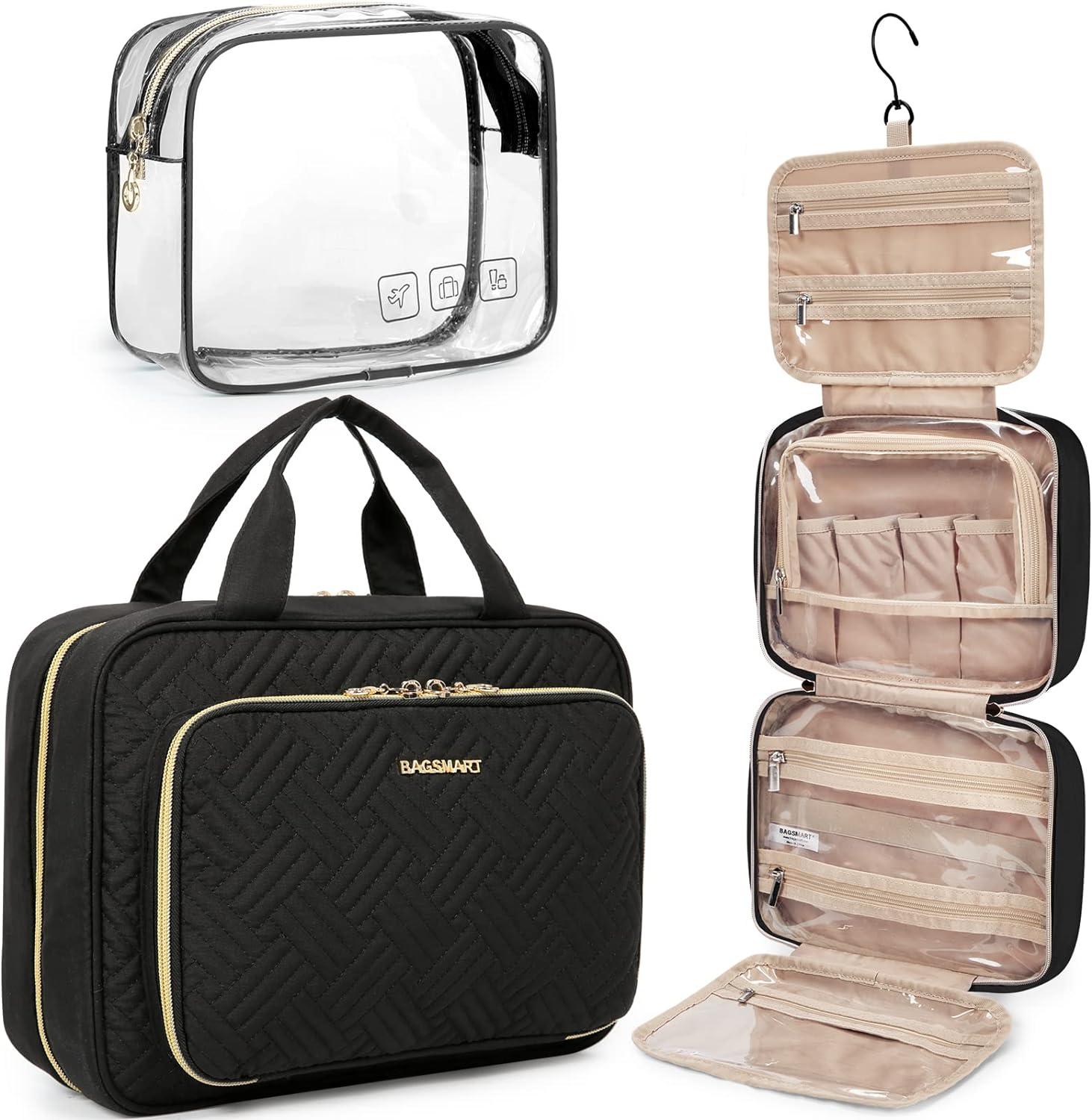 BAGSMART Toiletry Bag Hanging Travel Organizer with TSA Approved Transparent Cosmetic Bag and Detachable Makeup Pouch for Full Sized Toiletries, Medium-Black